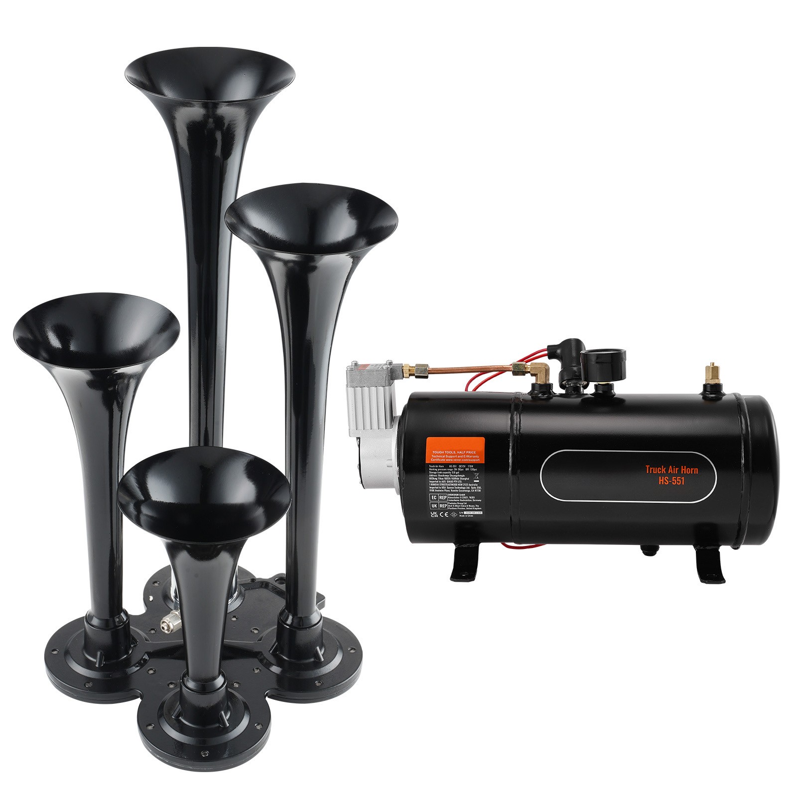 Train Horns Kit 4 Trumpet Air Horn Kit 120psi Air Compressor 0.8 Gal Tank Truck