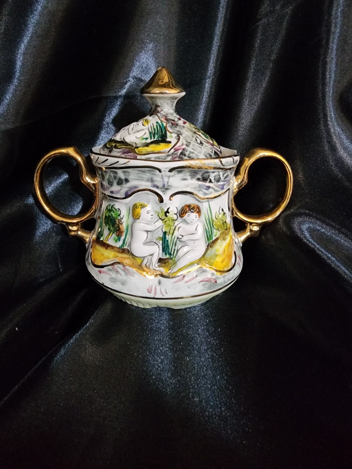 Vintage Pereiras Valado Porcelain Coffee Tea Set hand painted Portugal Cherubs