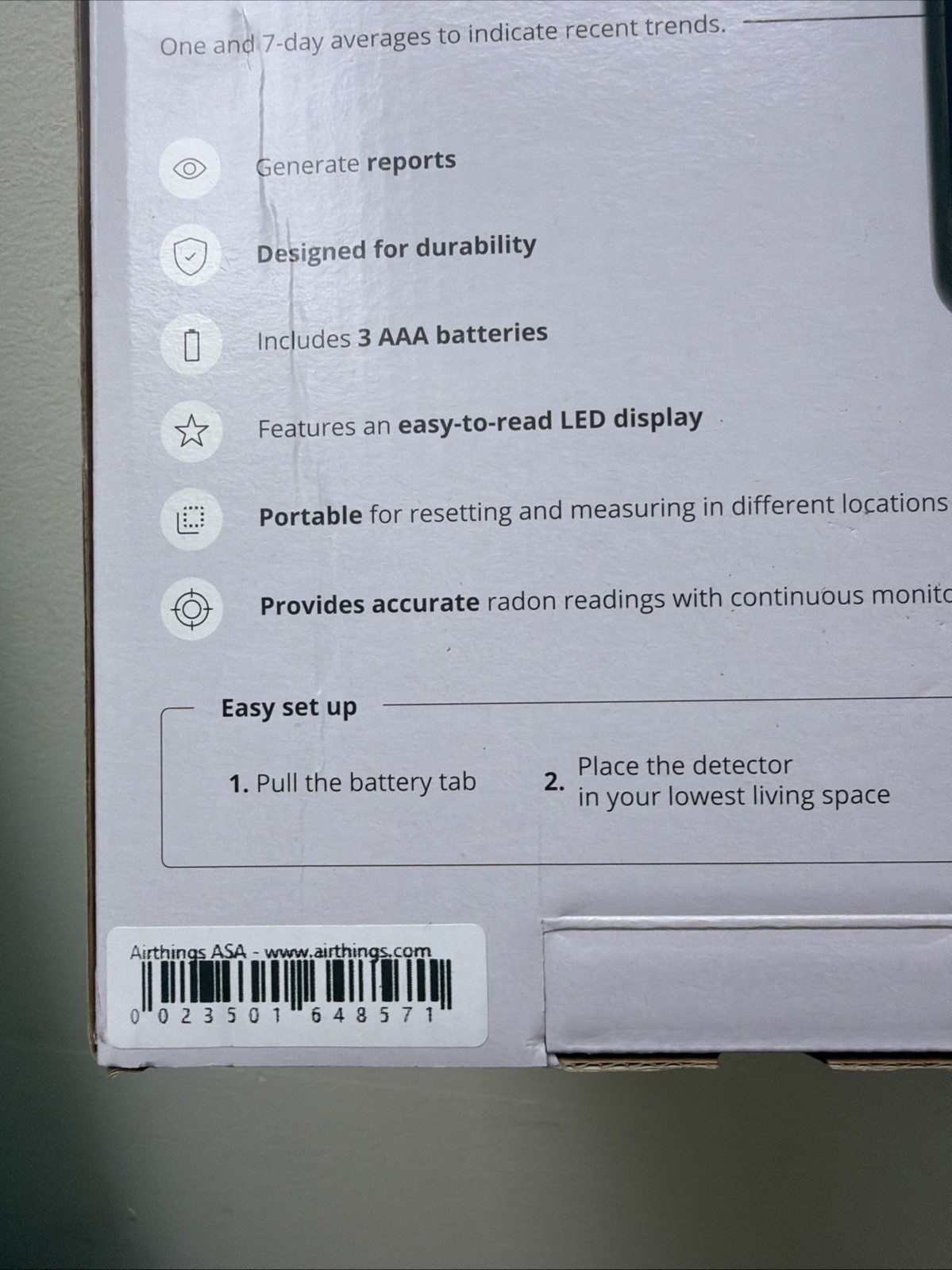 Airthings Battery Operated Digital Radon Detector 2350