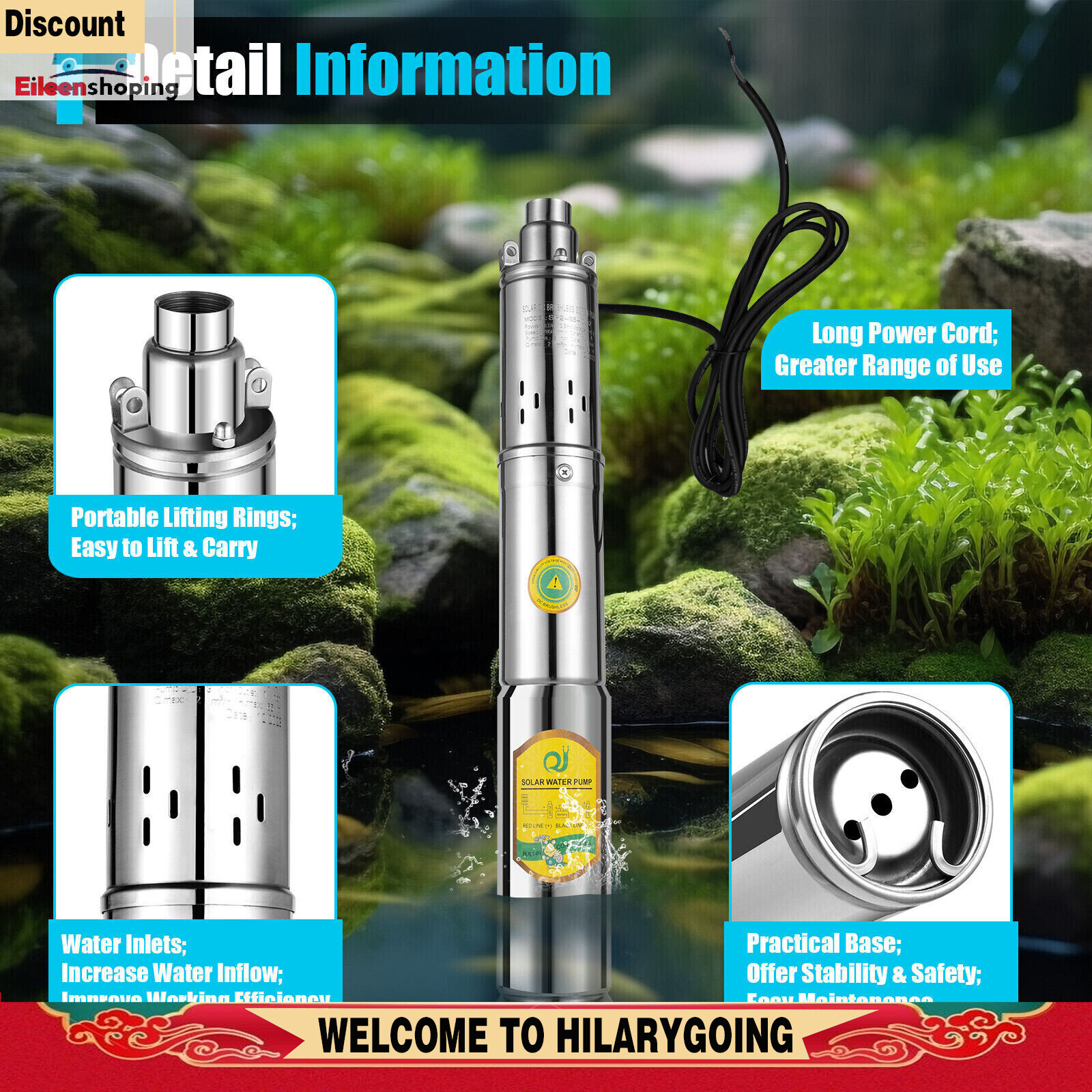 24V 370W Stainless Solar Water Pump Deep Well Solar Submersible Pump Durable New