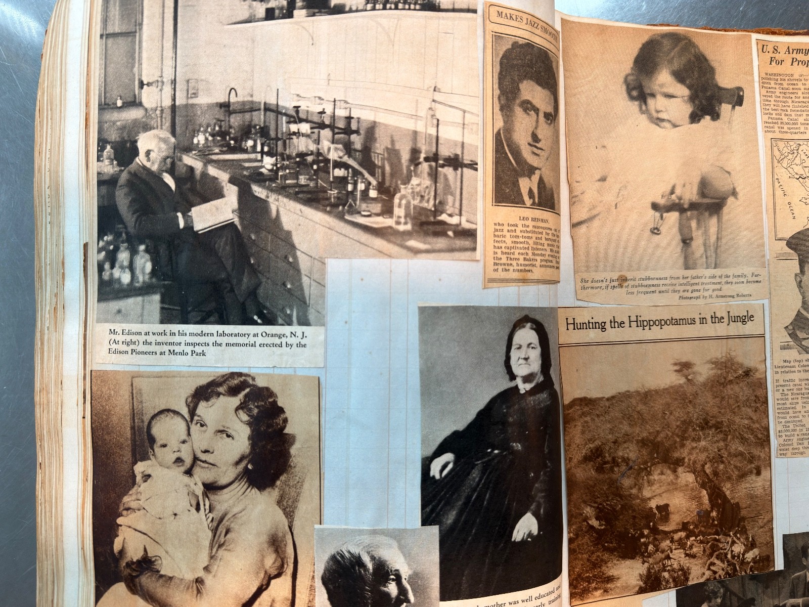 Large Newspaper Clipping Scrapbook NY/NJ 1920s-30s on 1840s Leatherbound Ledger