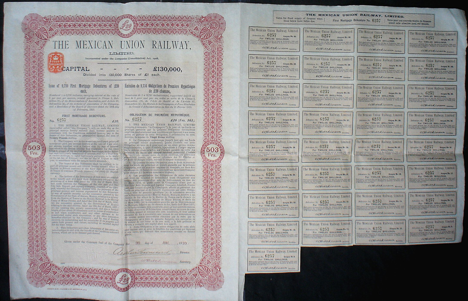 Mexico 20 x Mexican Stocks & Bonds uncancelled + coupons