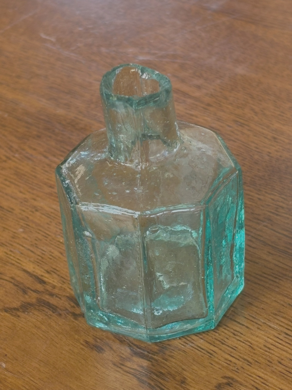 DEEP AQUA INK BOTTLE ALL SHEAR TOP - ANTIQUE BOTTLES /INKS