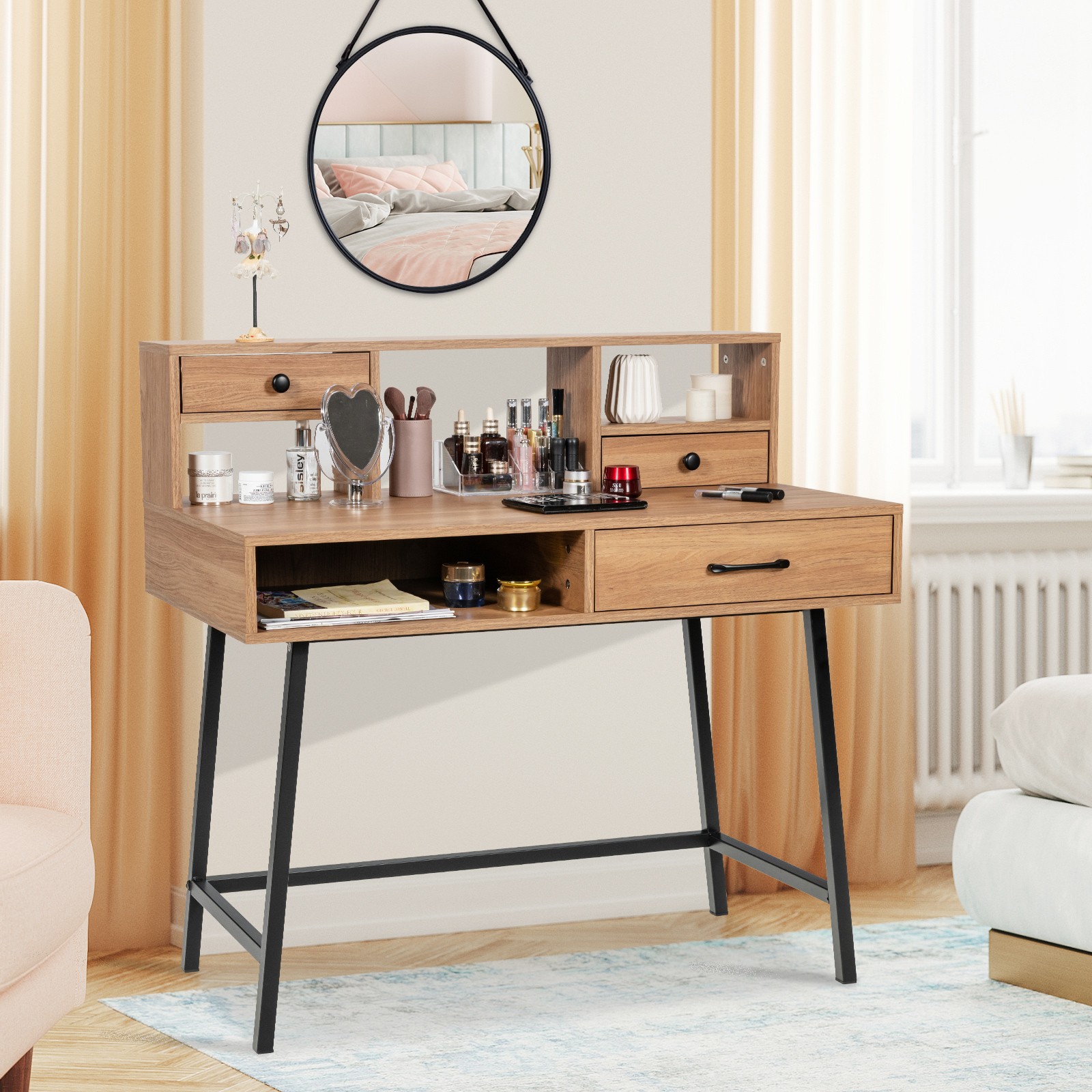 Computer Writing Desk Storage Makeup Vanity Table with Drawer Shelf Industrial