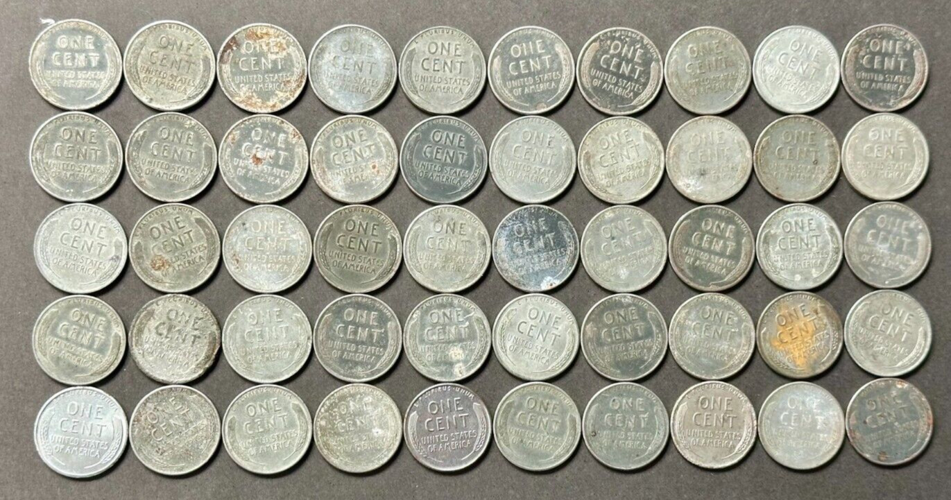 1943 STEEL LINCOLN WHEAT CENT PENNY ROLL (50 coins) STEEL PENNY, good condition