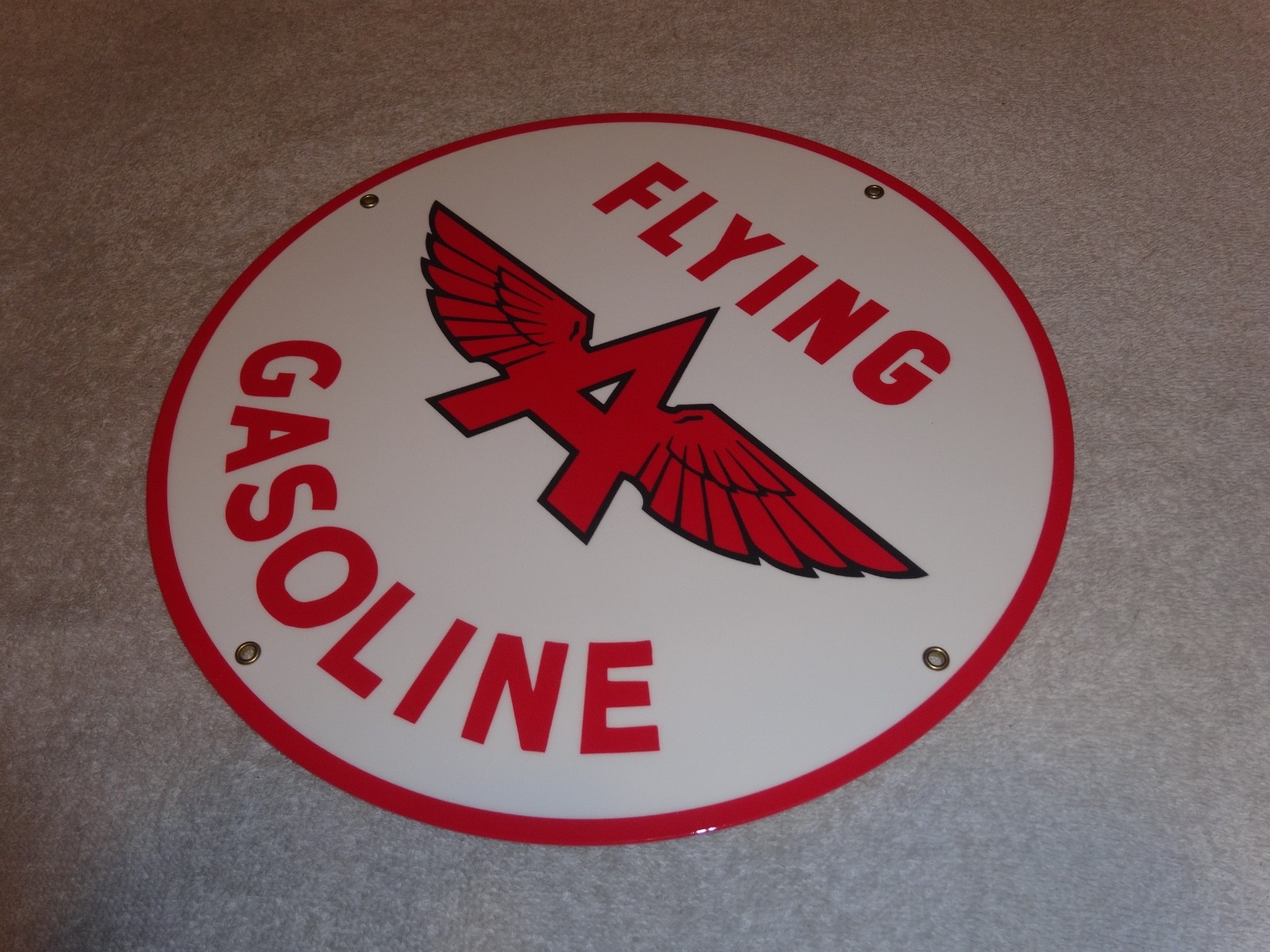 VINTAGE FLYING A GASOLINE WHITE 11 3/4" PORCELAIN METAL SERVICE STATION OIL SIGN
