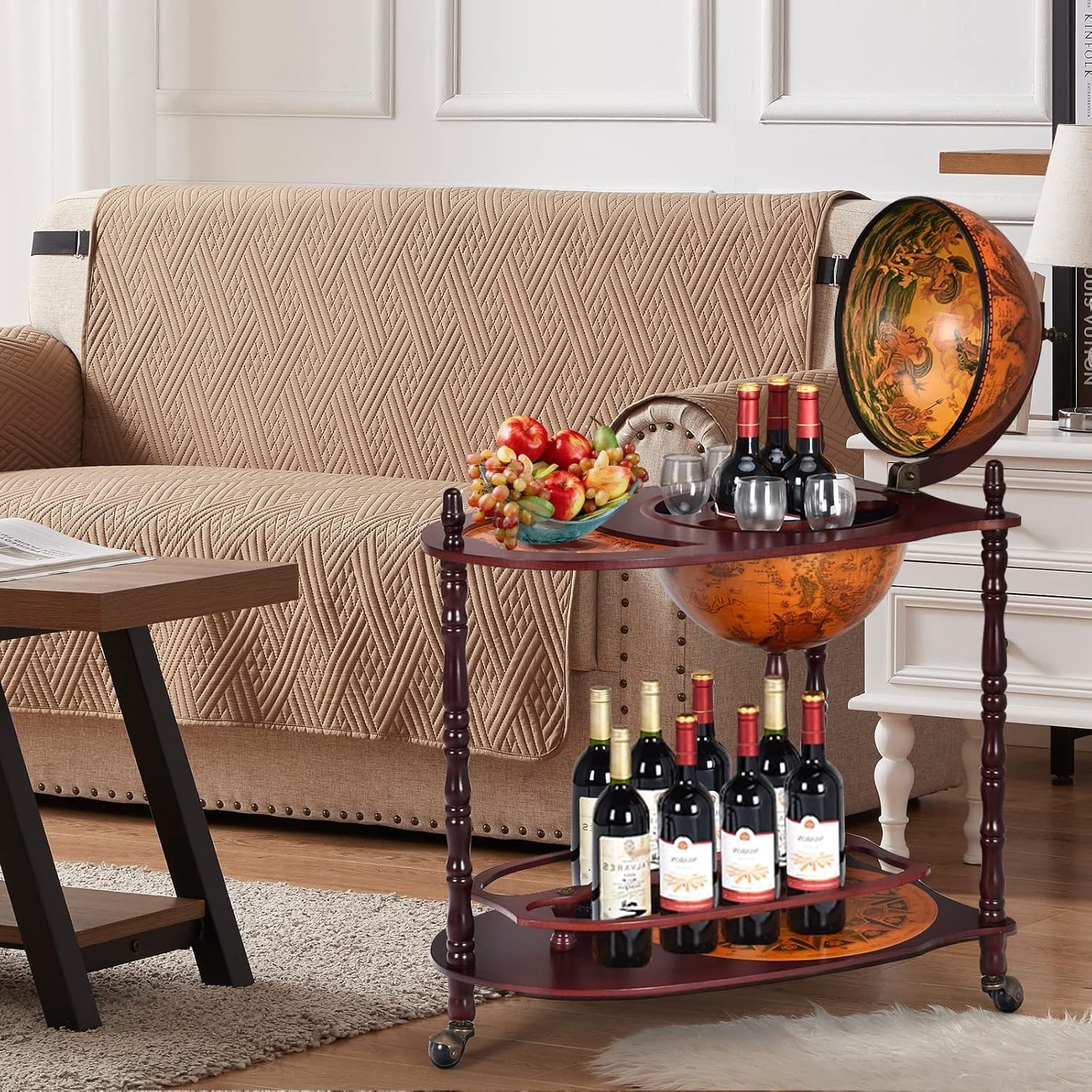 Globe Bar, 34.5” Globe Bar Liquor Cabinet with Wheels, Bottom Shelf, Old Worl...