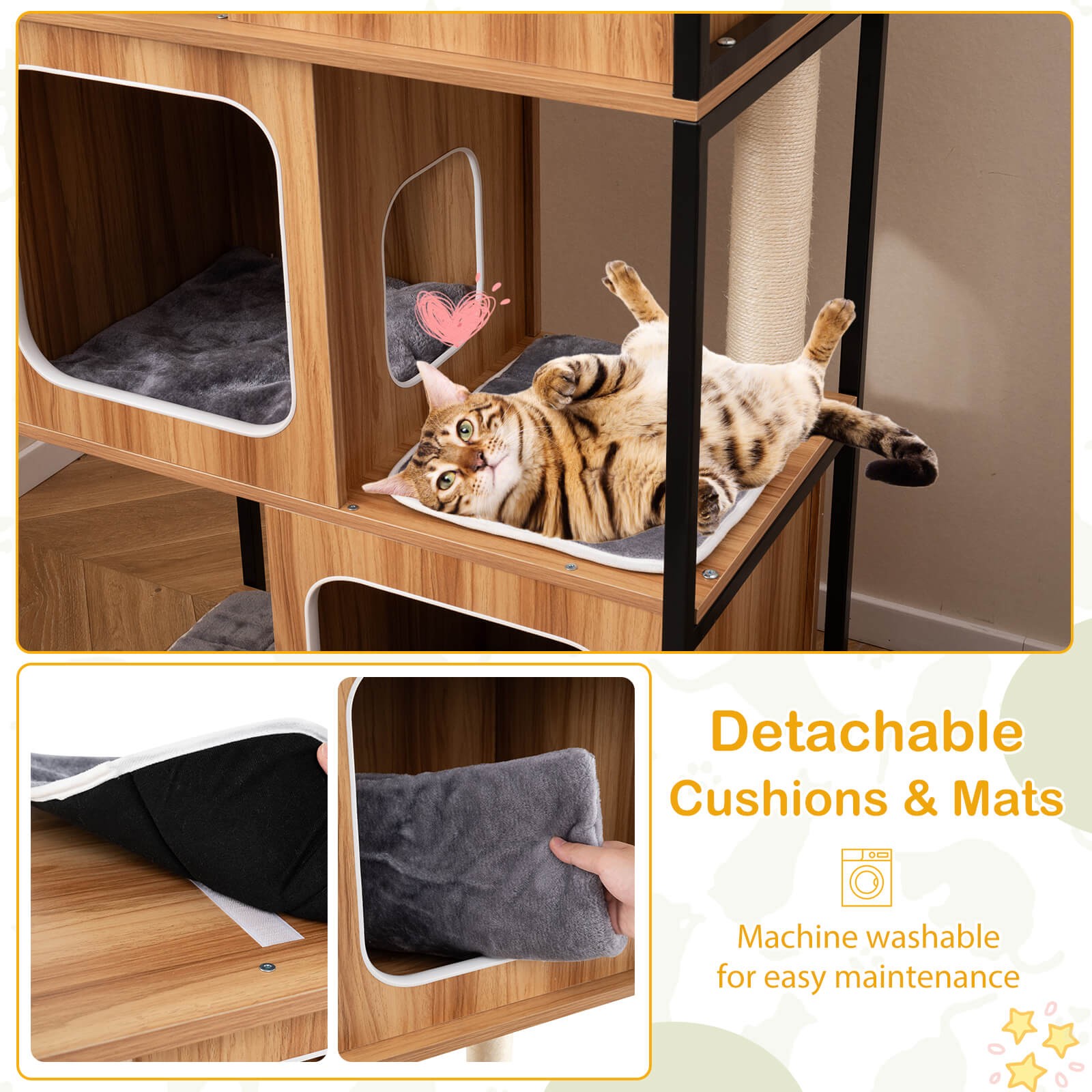 Modern Cat Tree for Indoor Kittens Cat Tower House w/ Metal Frame Large Platform