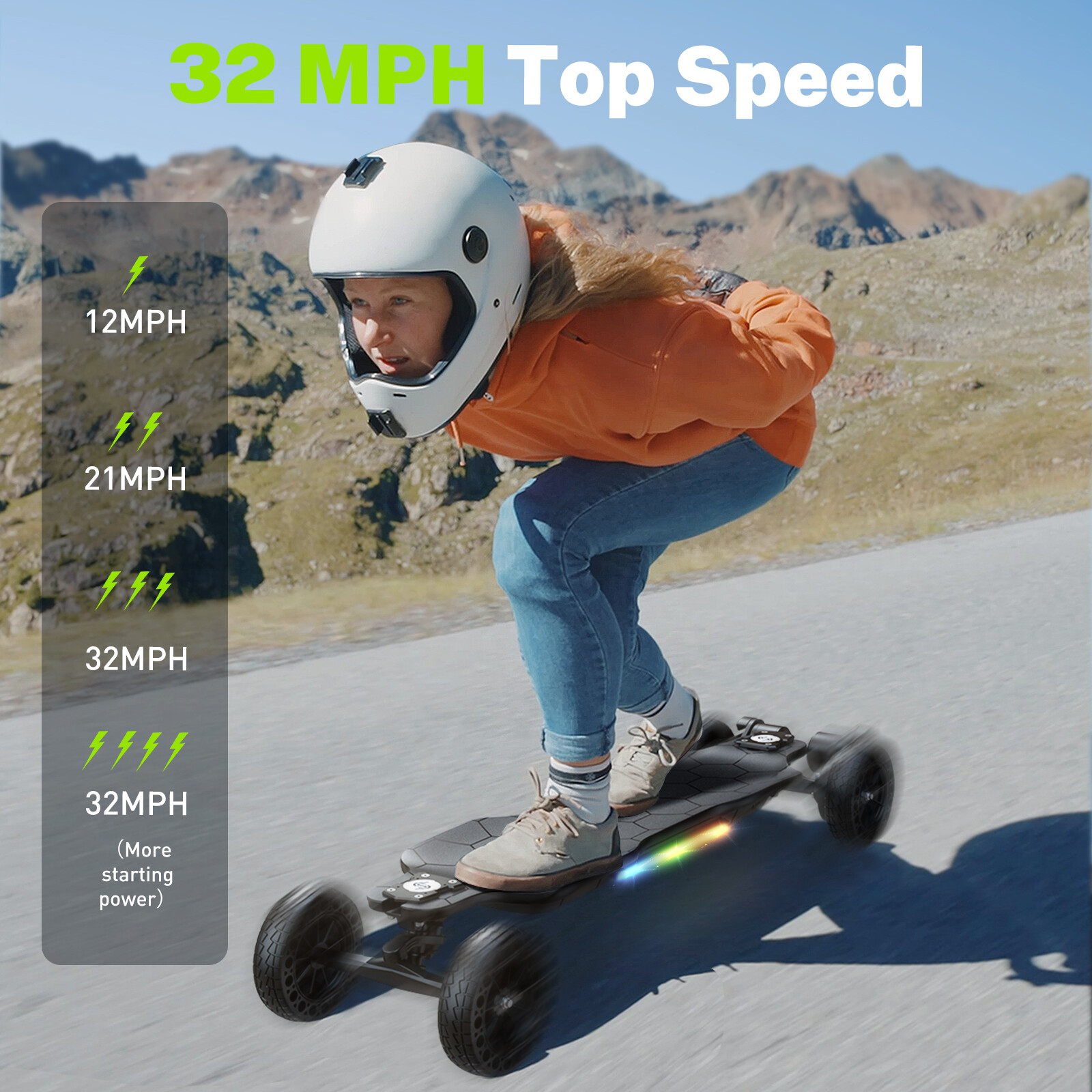 Electric Skateboard Longboard 3000W 32 MPH W/ Ambient Light & Remote Control US