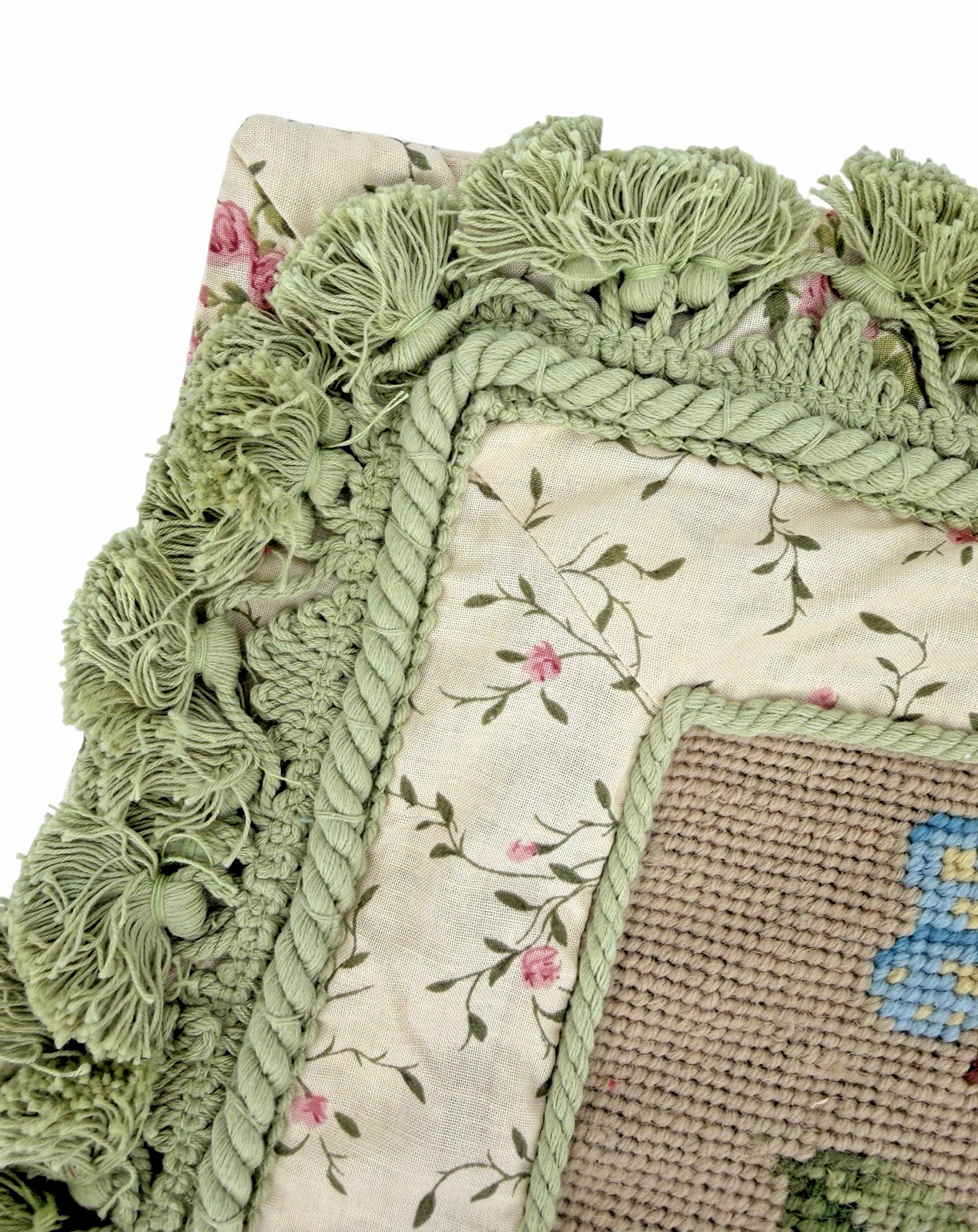 NWT C&F 100% Wool Floral Needlepoint Throw Pillow Cover Green Rose Butterfly 16"