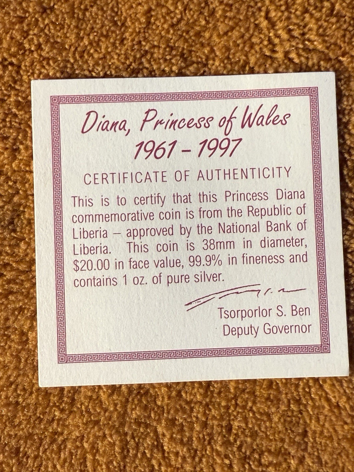 1997 Liberia $20 Dollars Princess Diana Birth of William 1 OZ Silver Proof 0.999