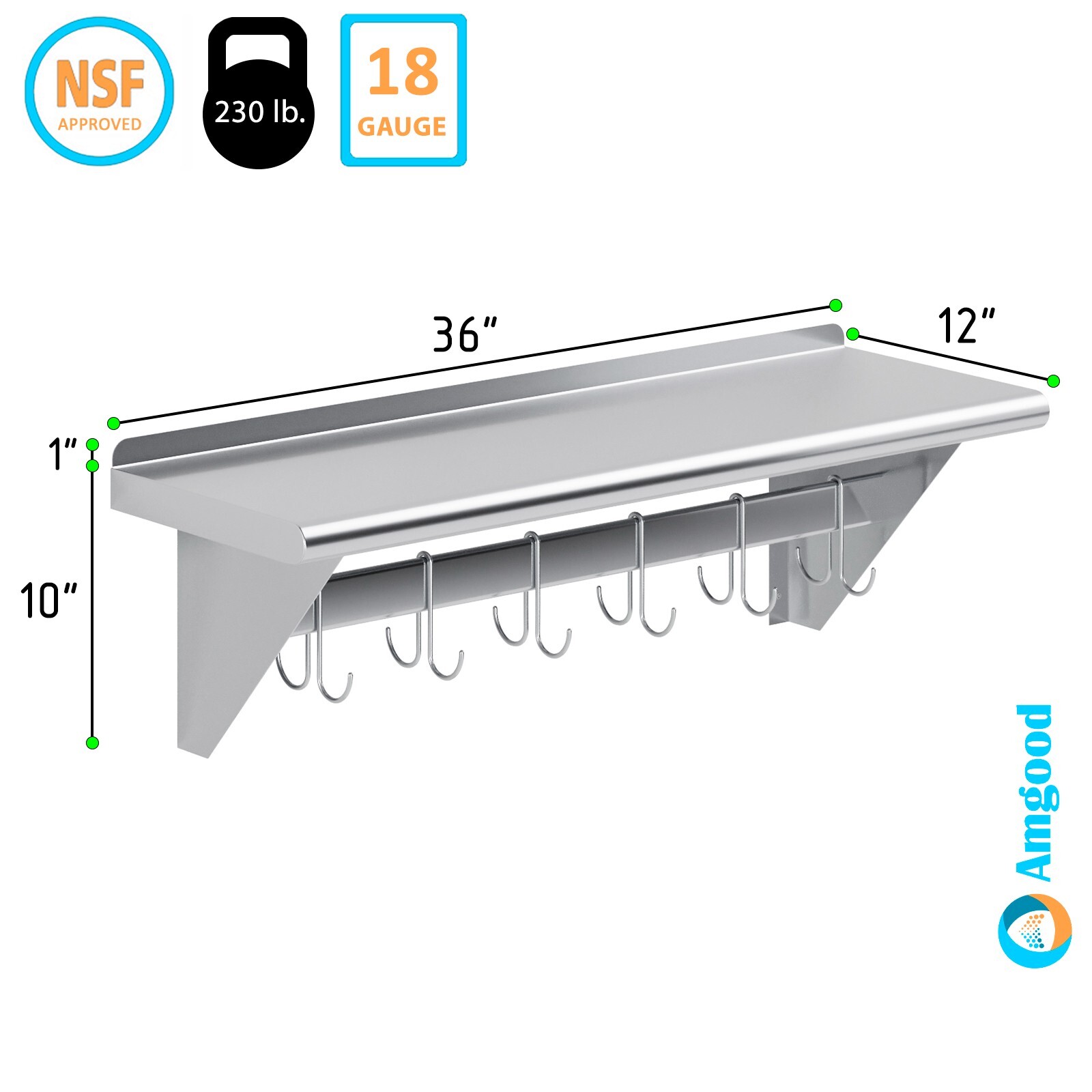 12 in. x 36 in. Stainless Steel Wall Mounted Pot Rack with Shelf and 6 hooks