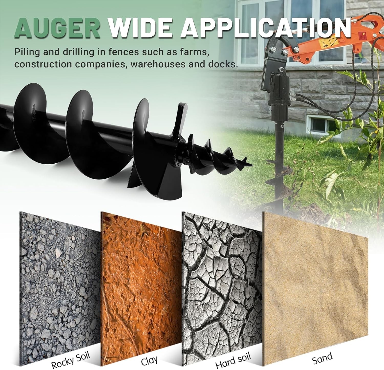 6/8/12inch 150/200/300mm Auger Drill For 1-2Tons Mini Excavator With Hoses