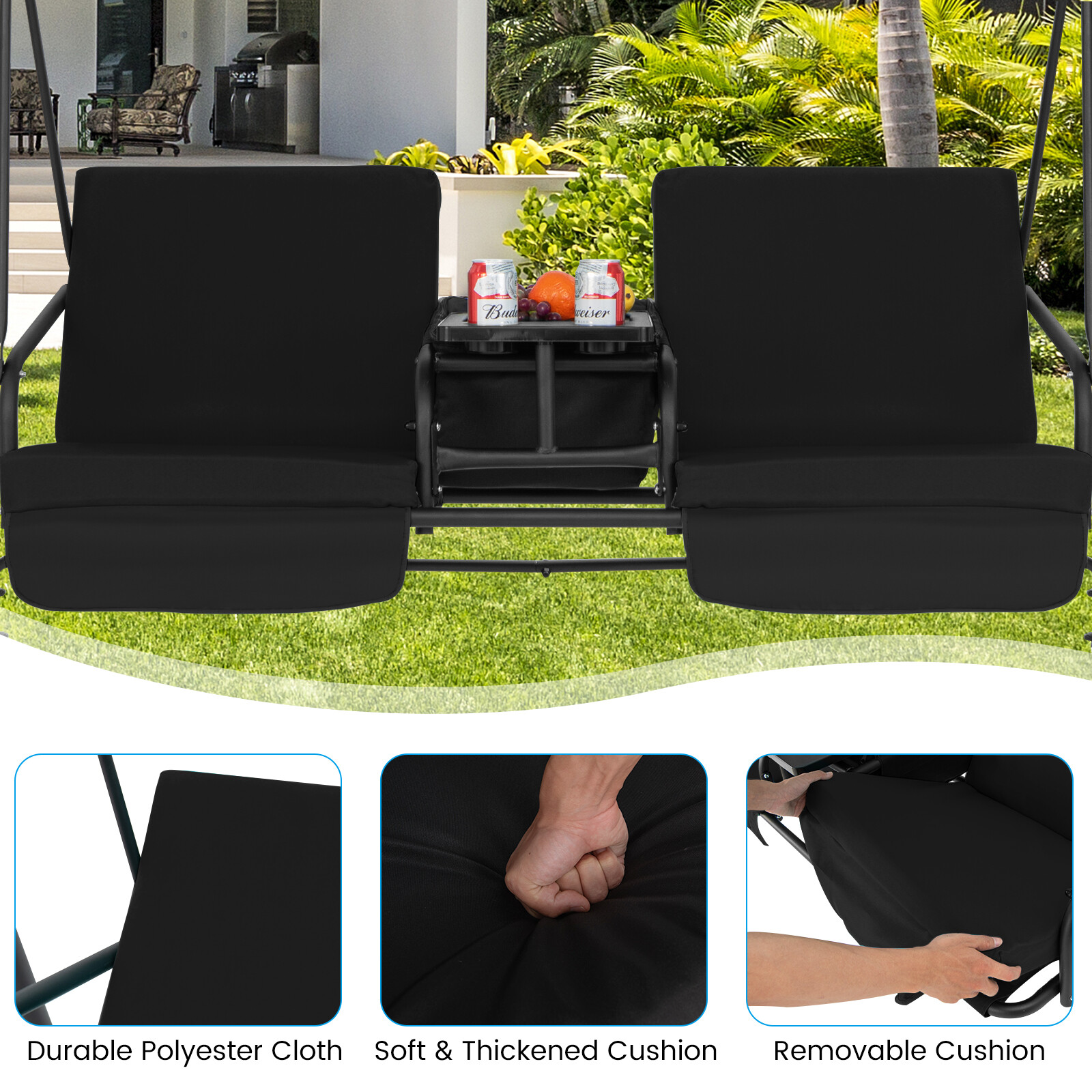 2-Person Porch Swing Chair with Adjustable Canopy & Removable Cushions Black