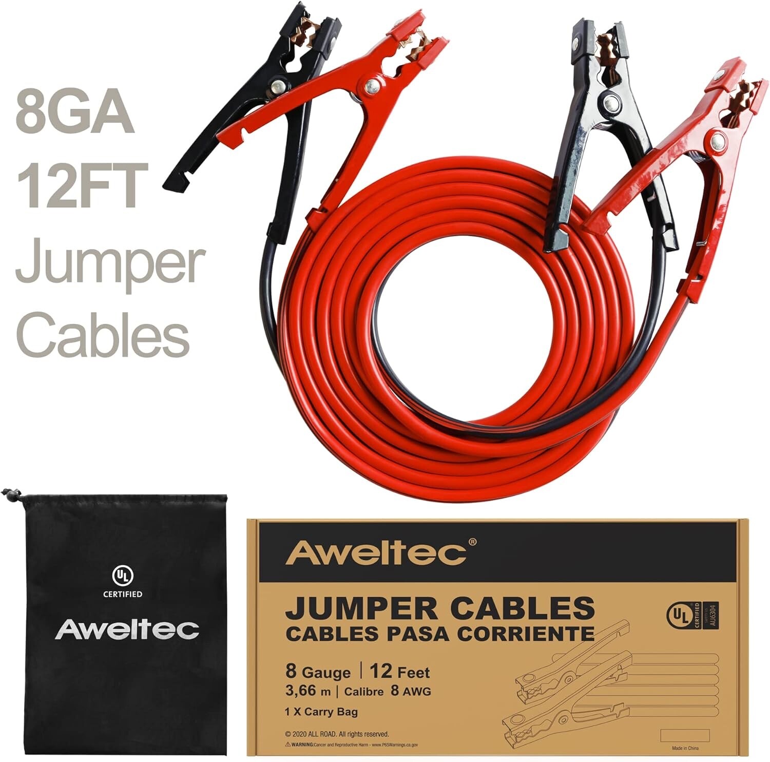 AWELTEC 8 Gauge Jumper Cables 12Ft | UL-Listed Heavy Duty Booster with Carry Bag
