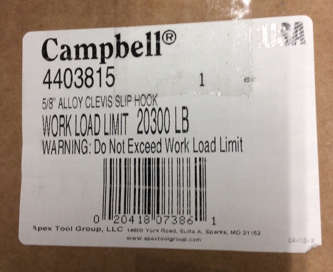 Slip Hook 5/8” Clevis Campbell Domestic 4403815 Alloy Chain Rigging Tools USA