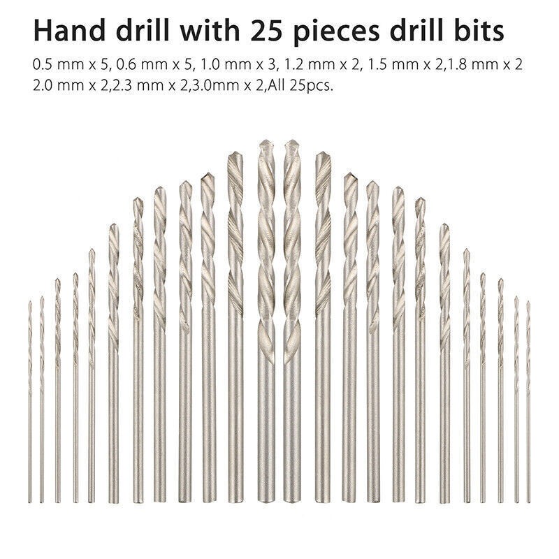 26pcs Mini Micro Hand Drill Bits Small Manual Keyless Chuck Pin Vise Rotary Tool