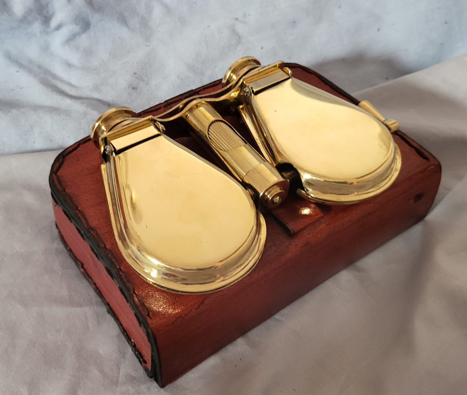 Gold Folding Binoculars Leather Case London Royal Navy Ship Opera Glasses Retro