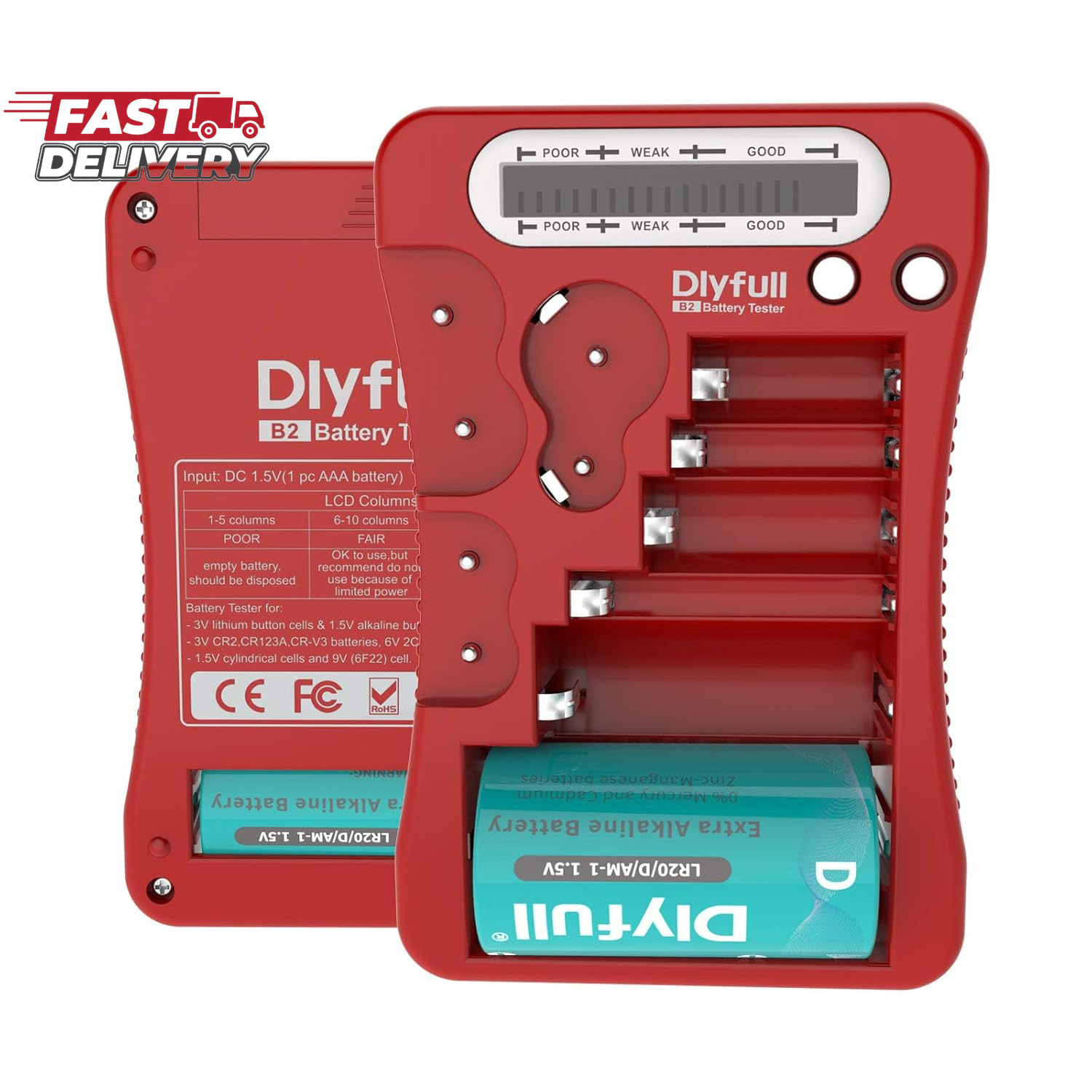 Dlyfull Battery Tester, LCD Display Universal Battery Checker for AA AAA C D 9V