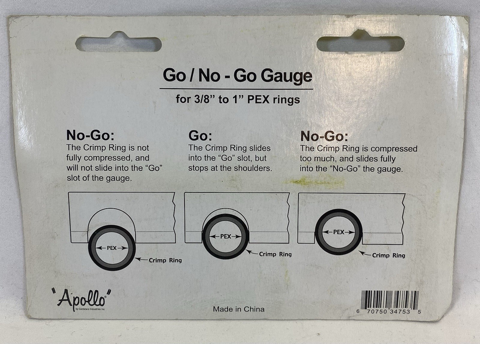 Apollo Go / No - Go Pex Water Line Sizing Plumbing Tool 3/8” - 1” 69PTKGONO