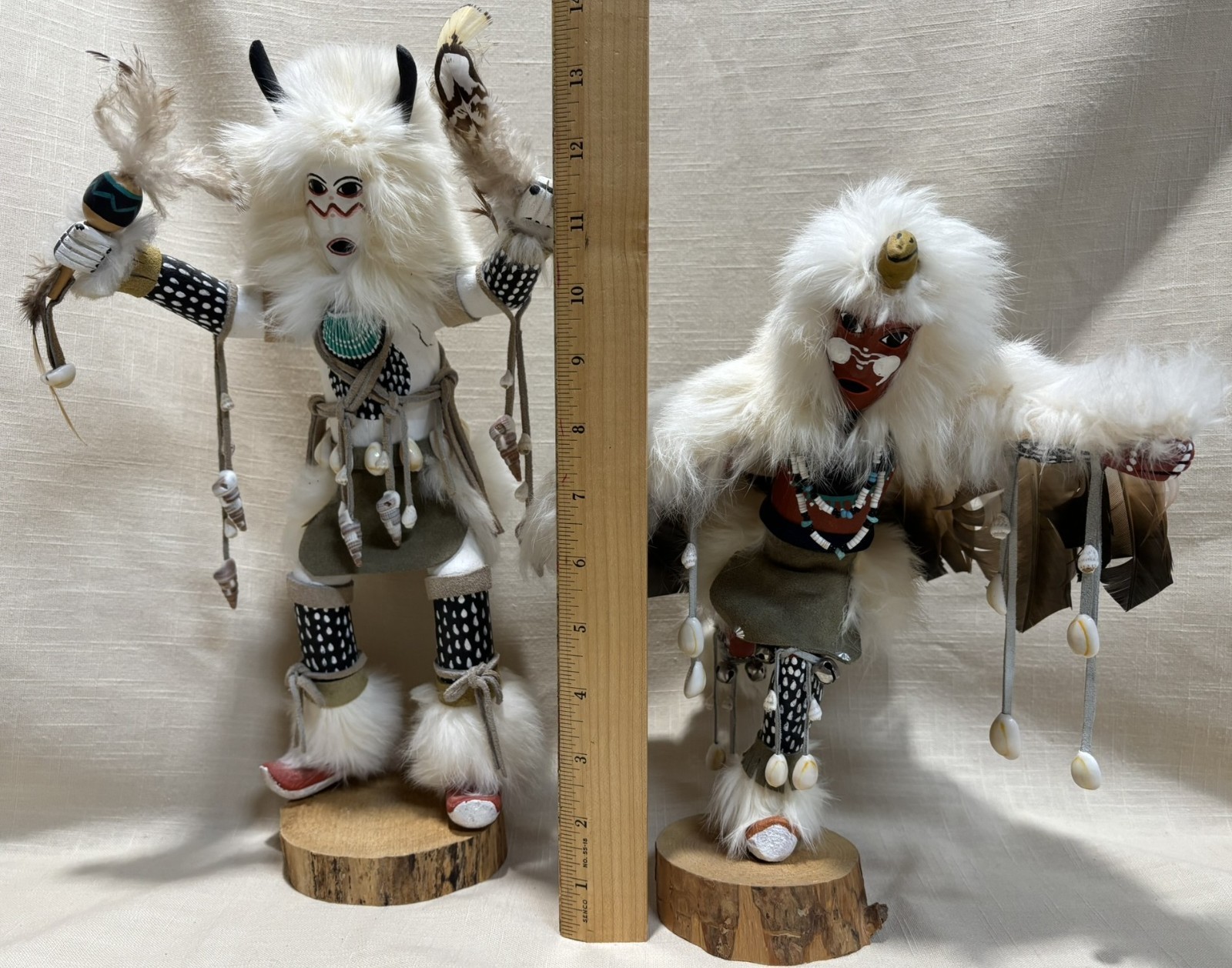 Kachina Sculptures Buffalo & Eagle Dancer 11-14" Handmade Feathers & Fur Signed
