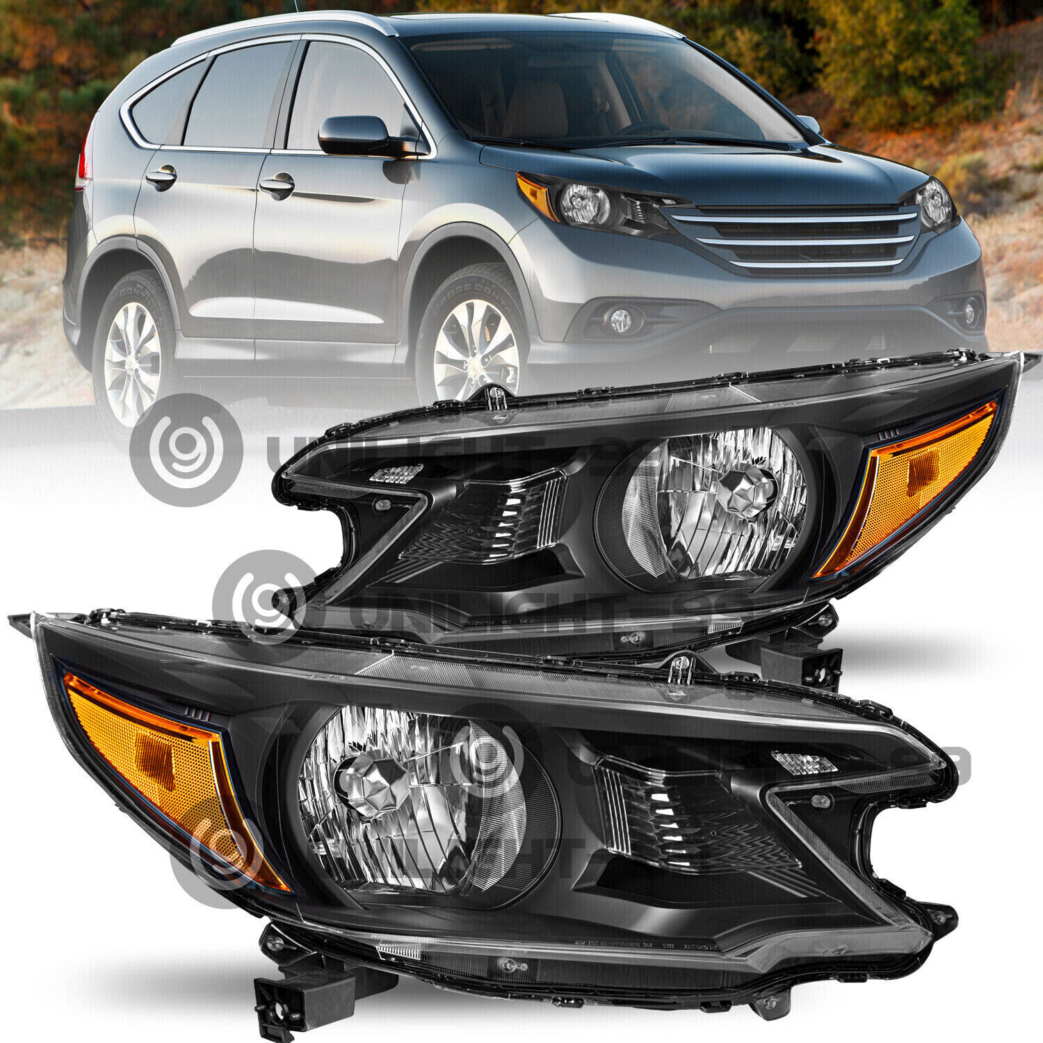 For 2012 2013 2014 Honda CR-V Black Amber Corner Headlights Assembly Pair