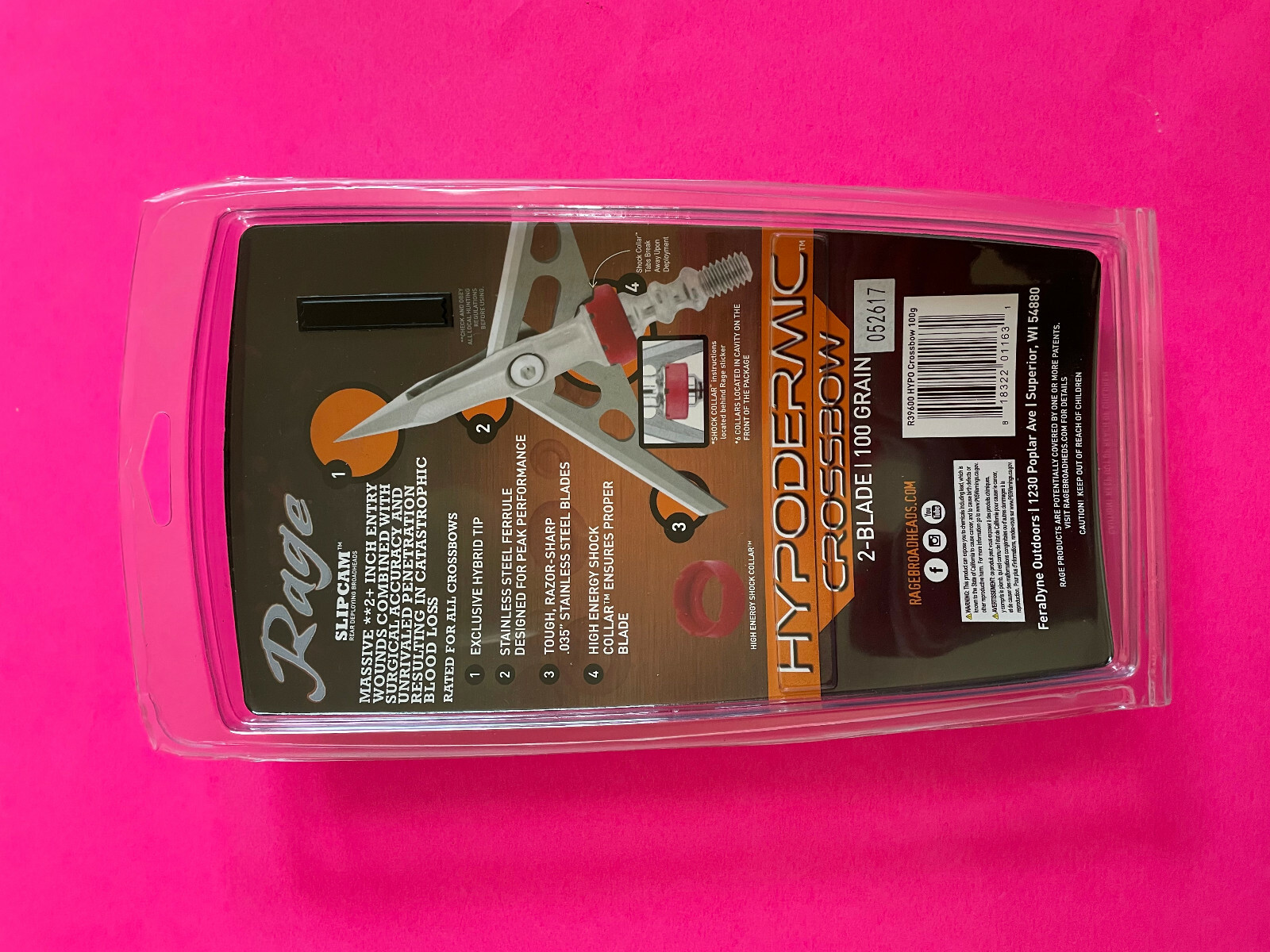 Rage Crossbow Hypodermic mechanical Broadheads 100 Grain steel 2" Cut Slipcam