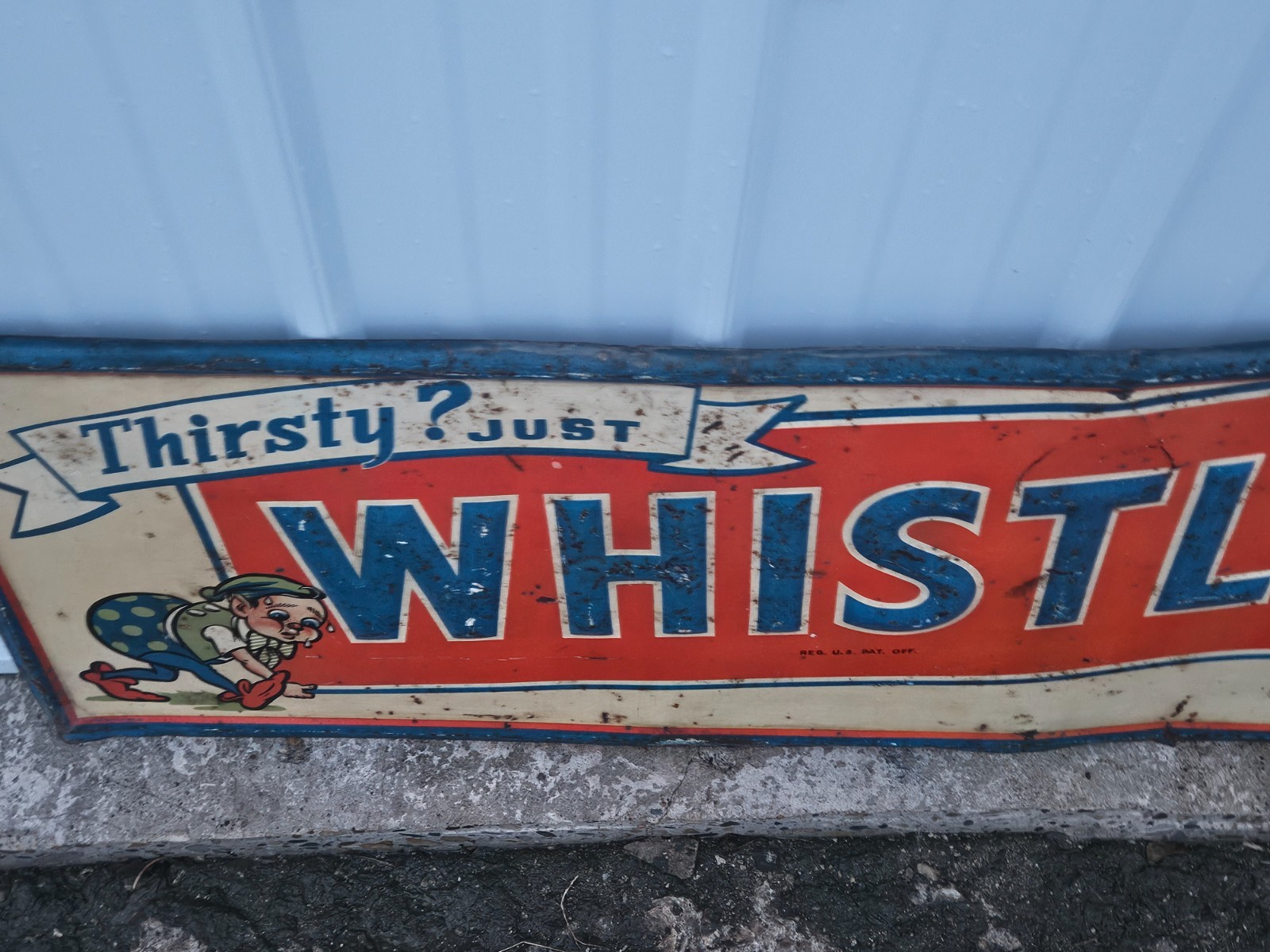 RARE Vintage 1947 Whistle Orange Soda Pop Tin Advertising 54x18 Sign