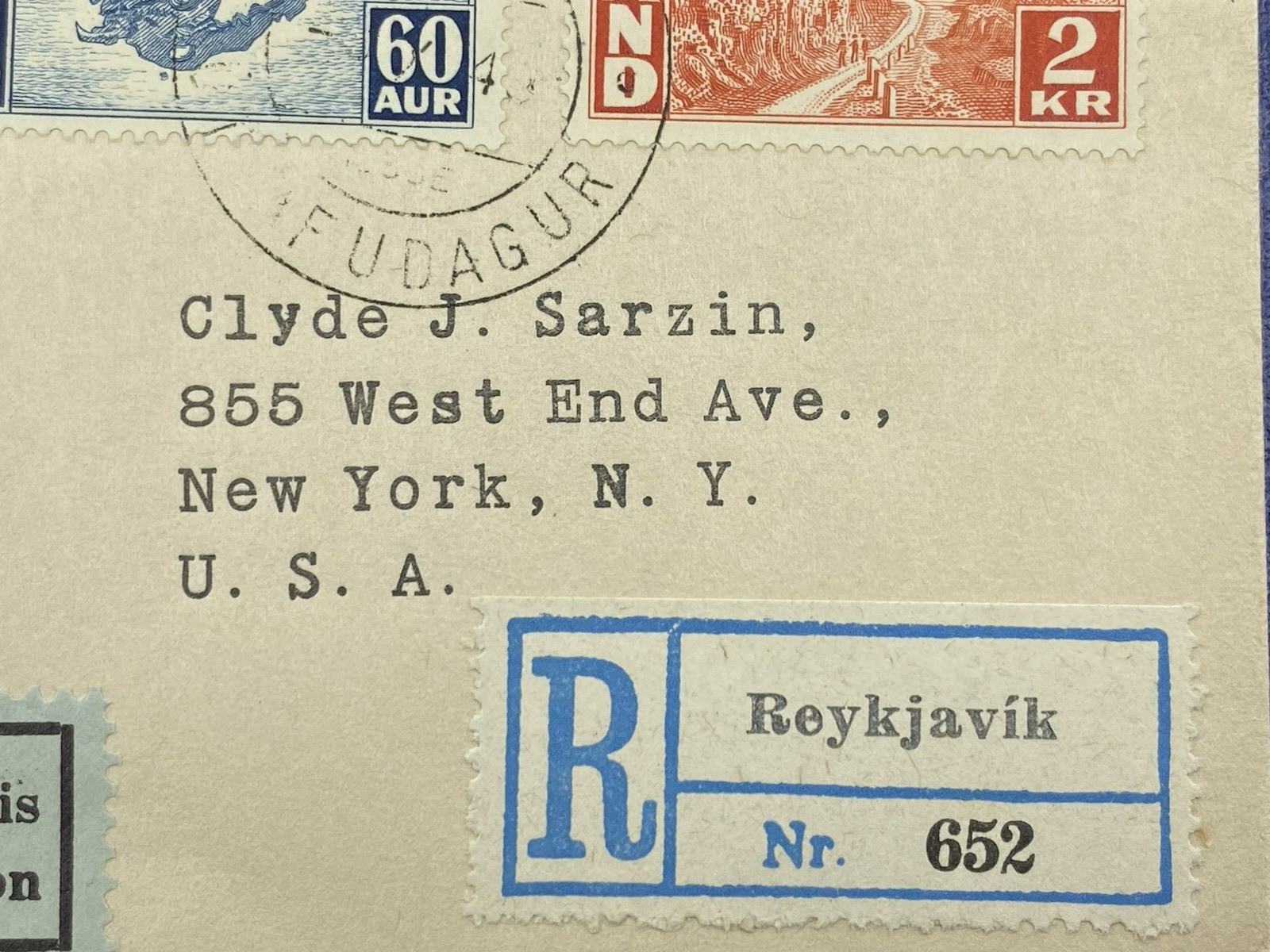 1949 ICELAND FDC UPU 75TH ANIV, Registered First Day Cover, to New York, N.Y.