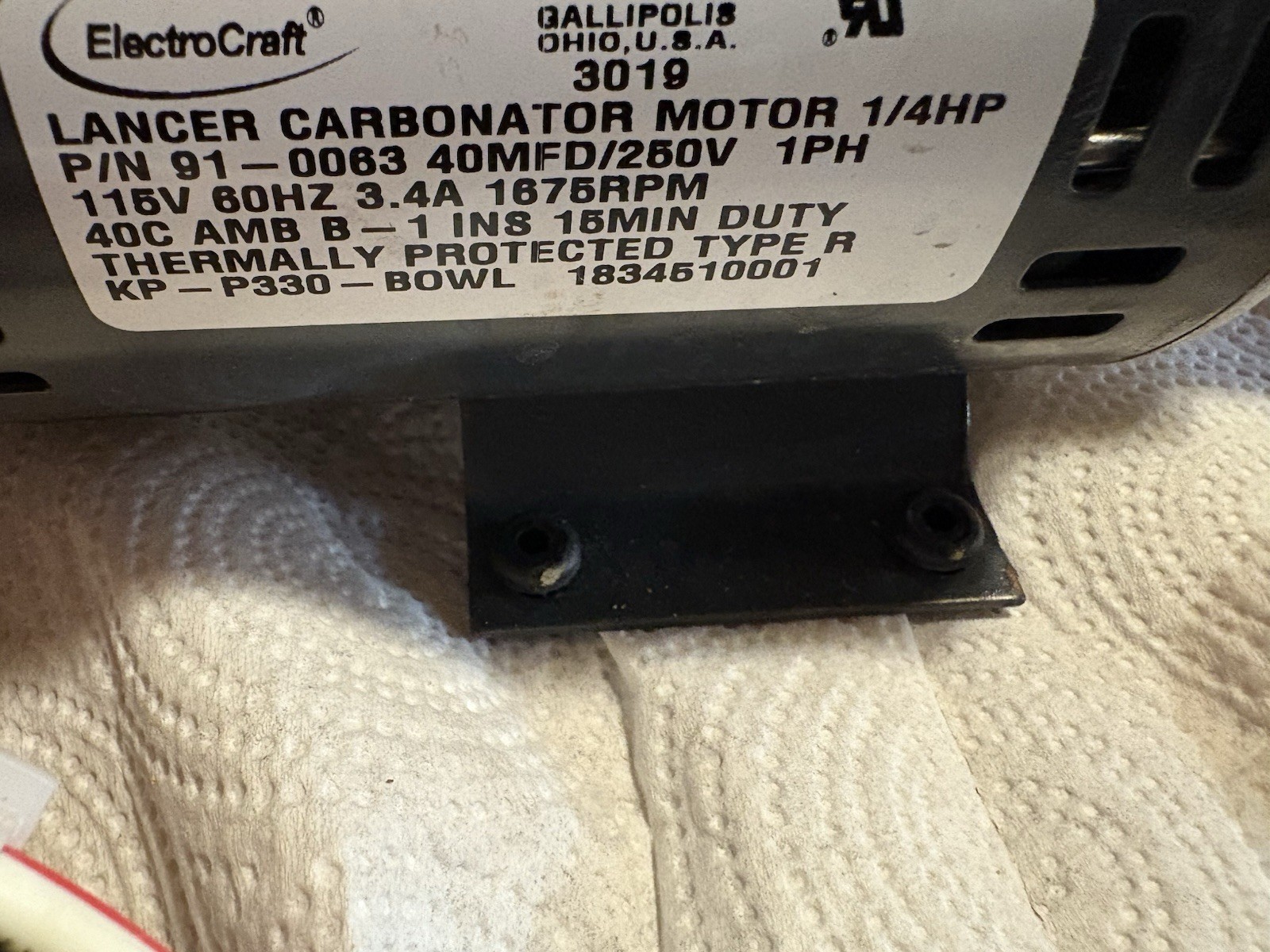 Electrocraft /lancer Carbonator Motor . Please Read
