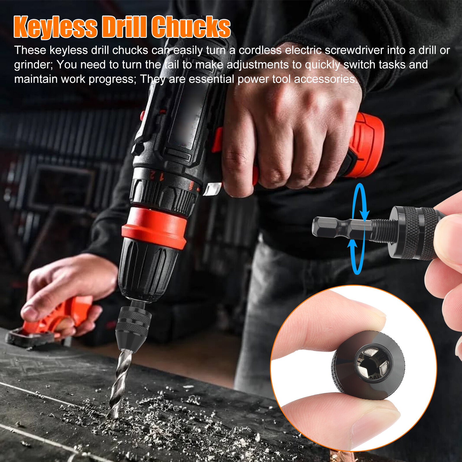 2x Keyless Chuck Conversion 1/4" Hex Shank Adapter Drill Bit Quick Change Driver