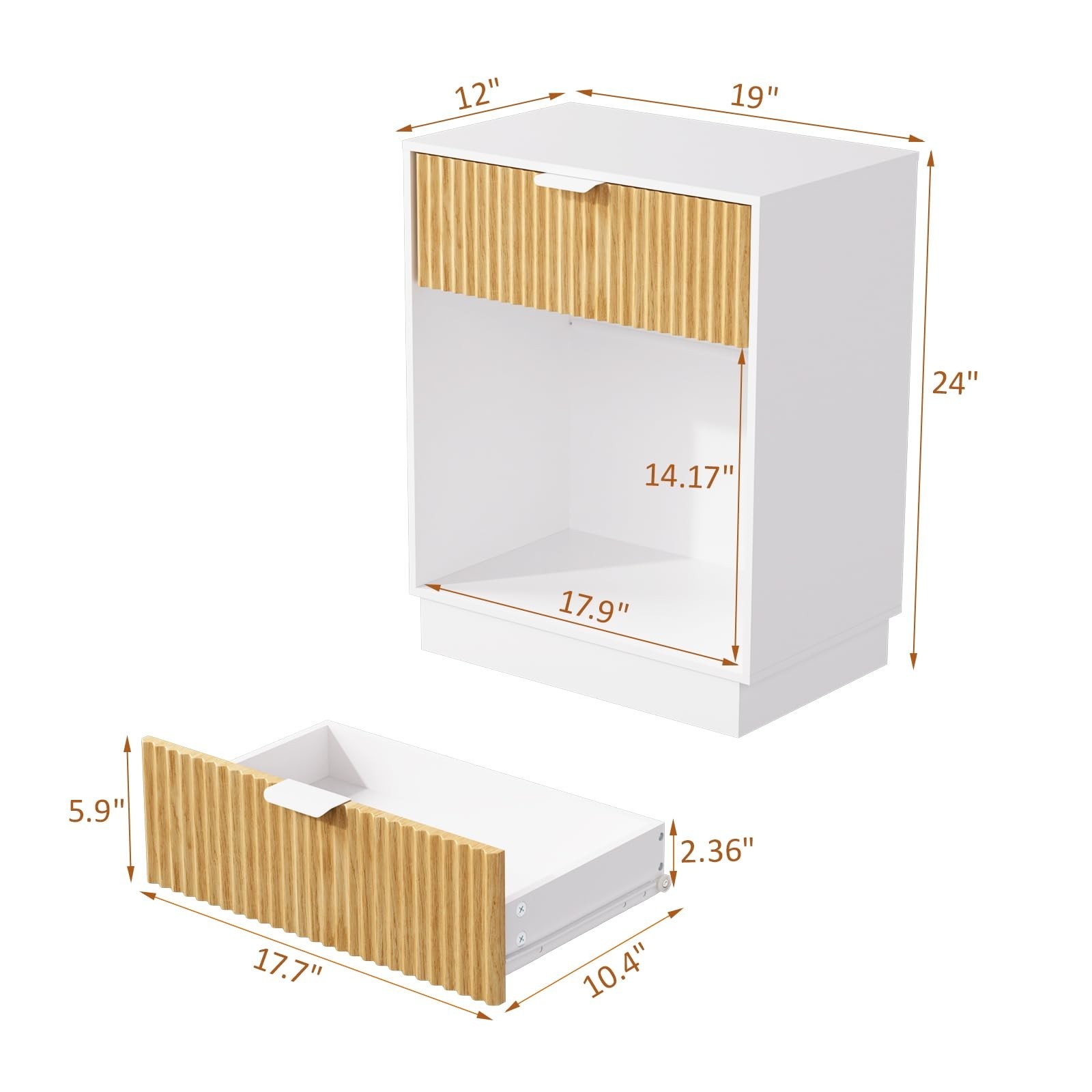 Fluted Nightstands Set of 2, Wood Bedside Table with Drawer and Open Shelf, M...