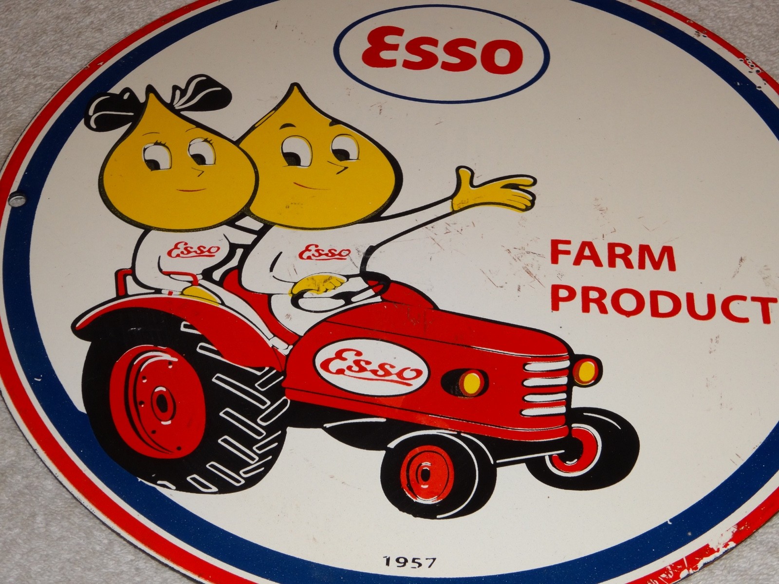 VINTAGE 1957 ESSO FARM OIL DROP BOY GIRL 11 3/4" PORCELAIN TRACTOR GASOLINE SIGN