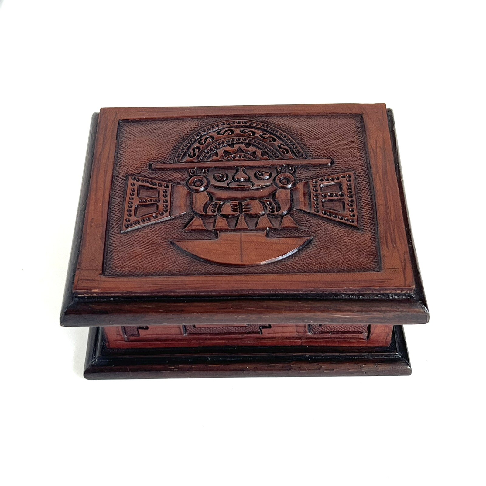 Engraved Wood Jewelry Trinket Box Peruvian Inca God of Creation With Mirror 5.5