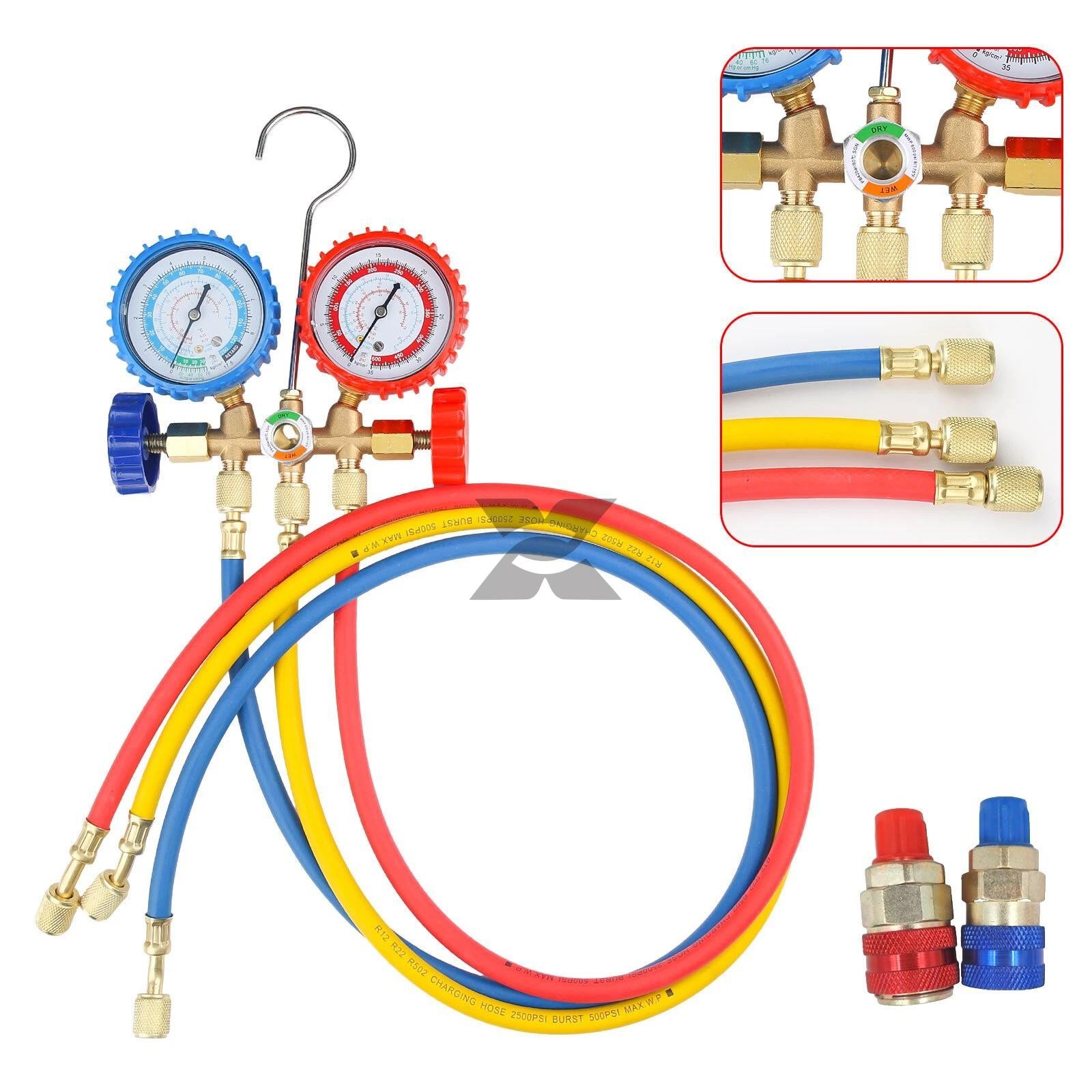 For R502 R134a R12 R22 AC Manifold Gauge Set A/C Refrigeration 3 Way Hose