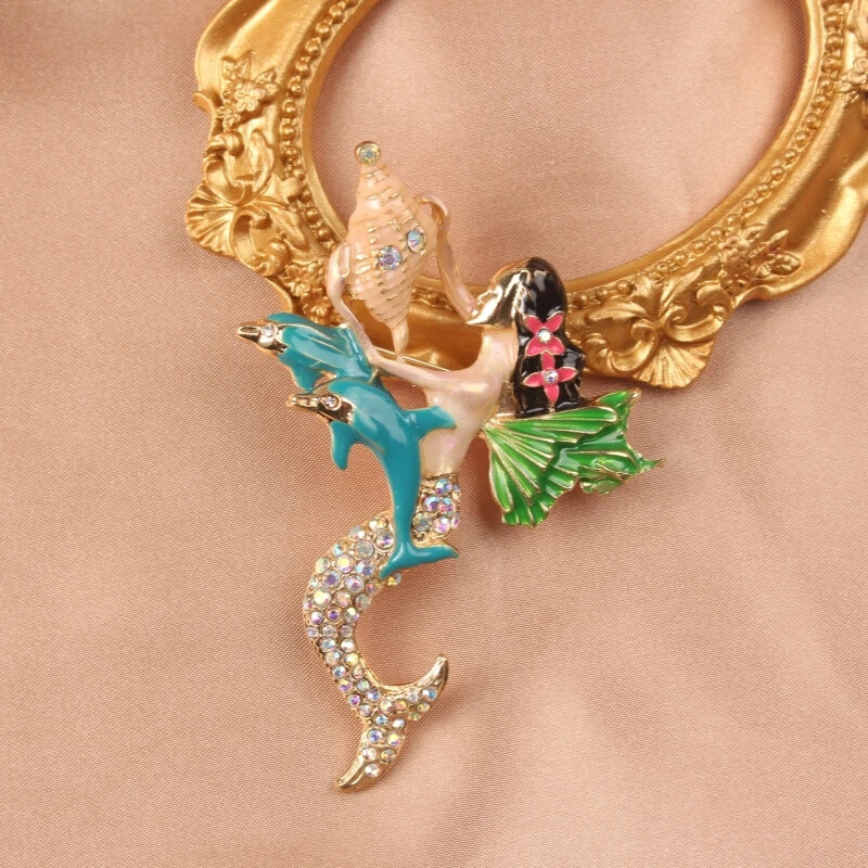 High-End Mermaid Colorful Rhinestone Conch Fairy Brooch