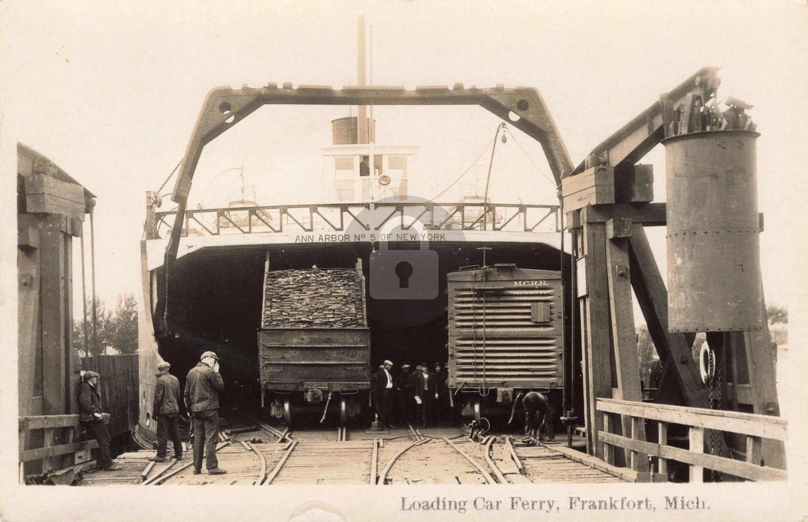 Railroad Loading Car Ferry, Frankfort MI Michigan 1928 RPPC Photo Postcard COPY