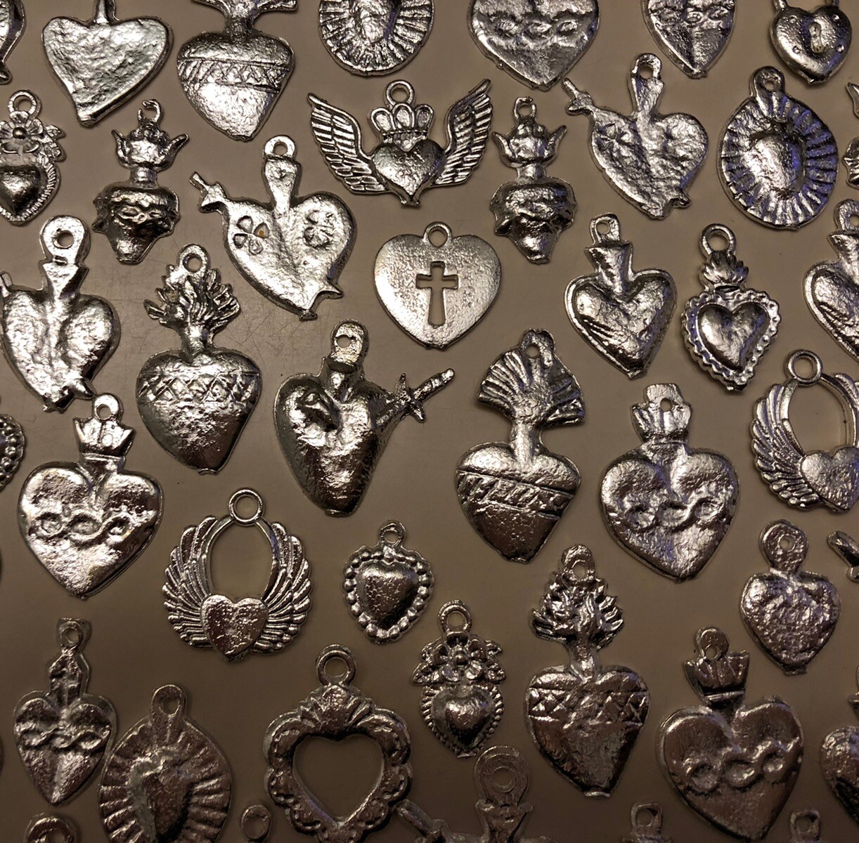 25 Milagro HEART Charms Mexican Folk Art SILVER All HEARTS Charm Lot