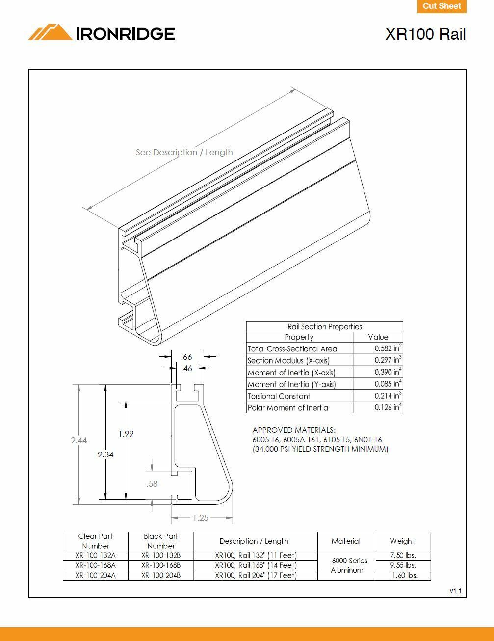 IronRidge XR-100-168B Solar Rail XR100 Black / PRE-CUT INTO TWO HALVES of 7 FEET