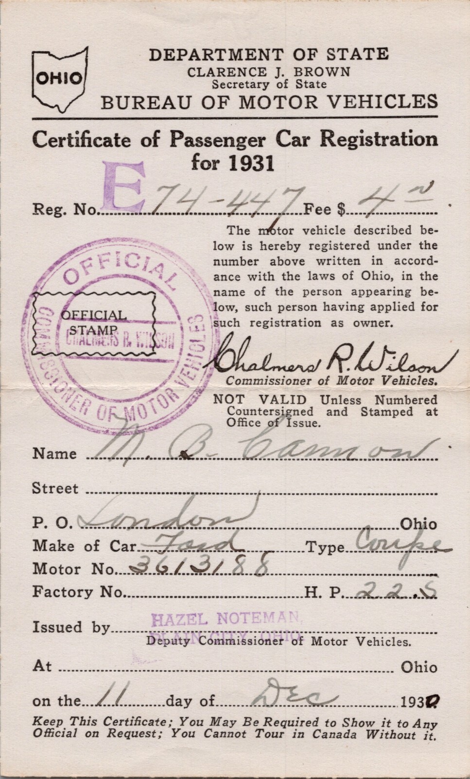 1931 London, Ohio M.B. Cannon (Cigars) Car Insurance & Registration Certificate