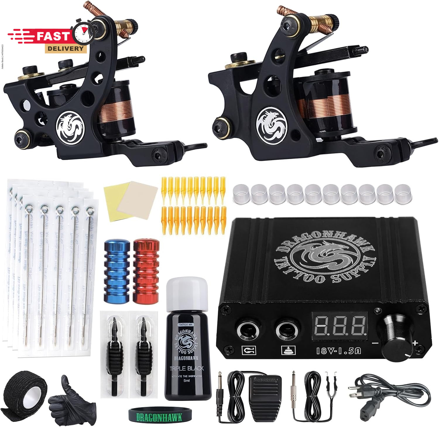 Dragonhawk Traditional Pro Complete Tattoo Kit - Two Machines Gun Easy Use Color
