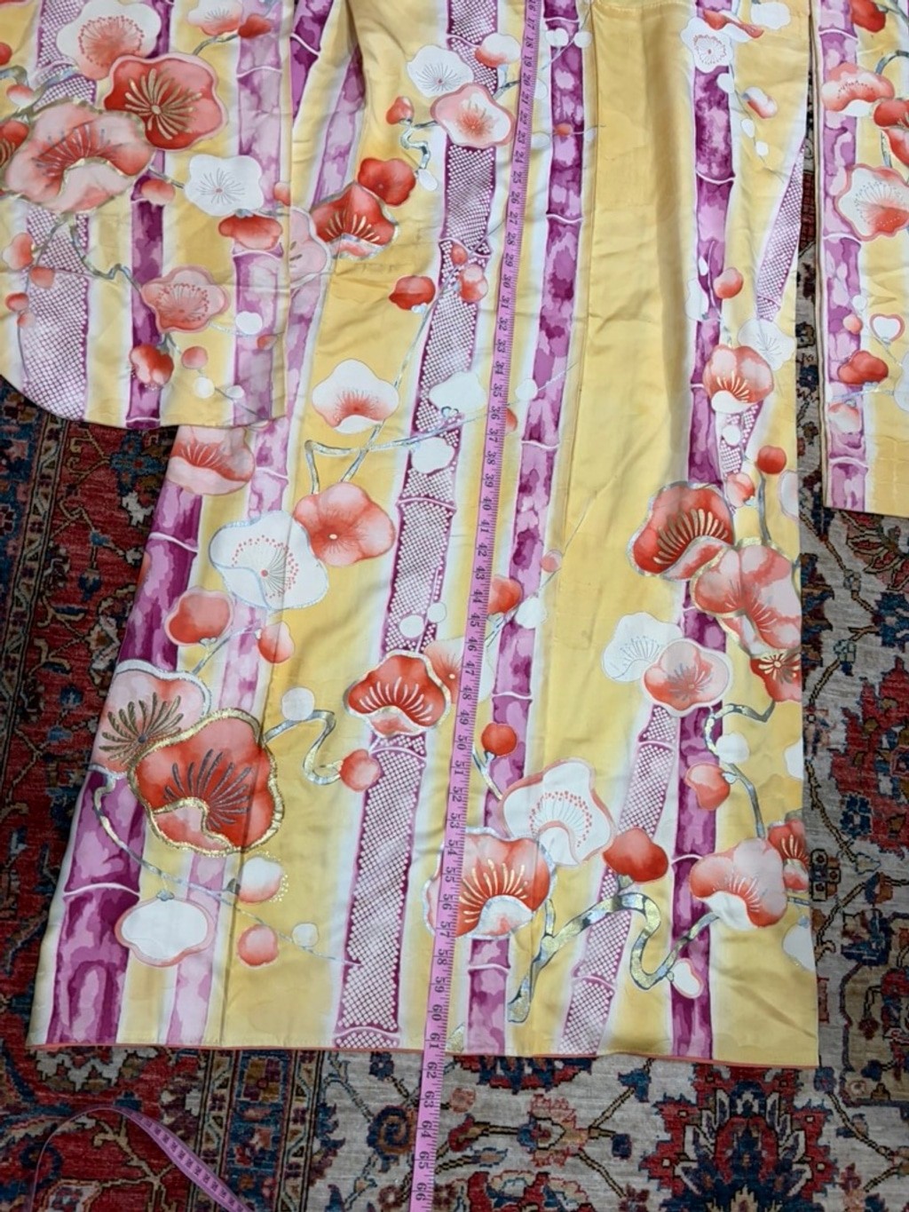 Vintage Mitsukoshi Silk Kimono Yellow Floral Gold Handpainted Long Robe Japan