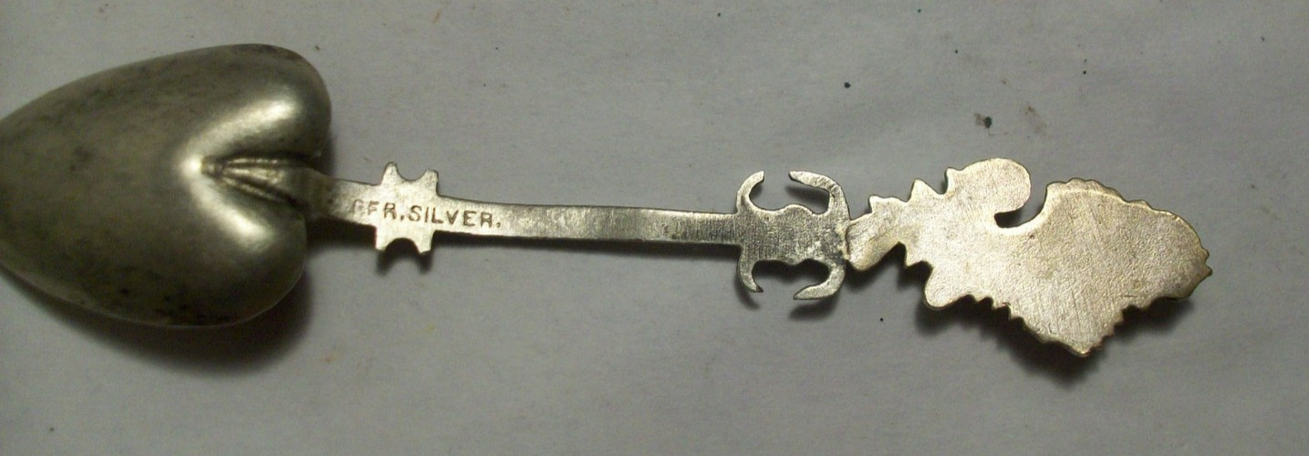 Antique German silver souvenir demitasse spoon heart bowl Queen lady handle top