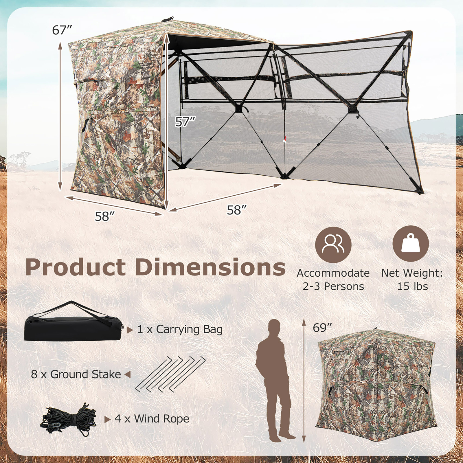 360° One-Way See-Through Hunting Blind w/ Full-Open Door Portable Carry Bag