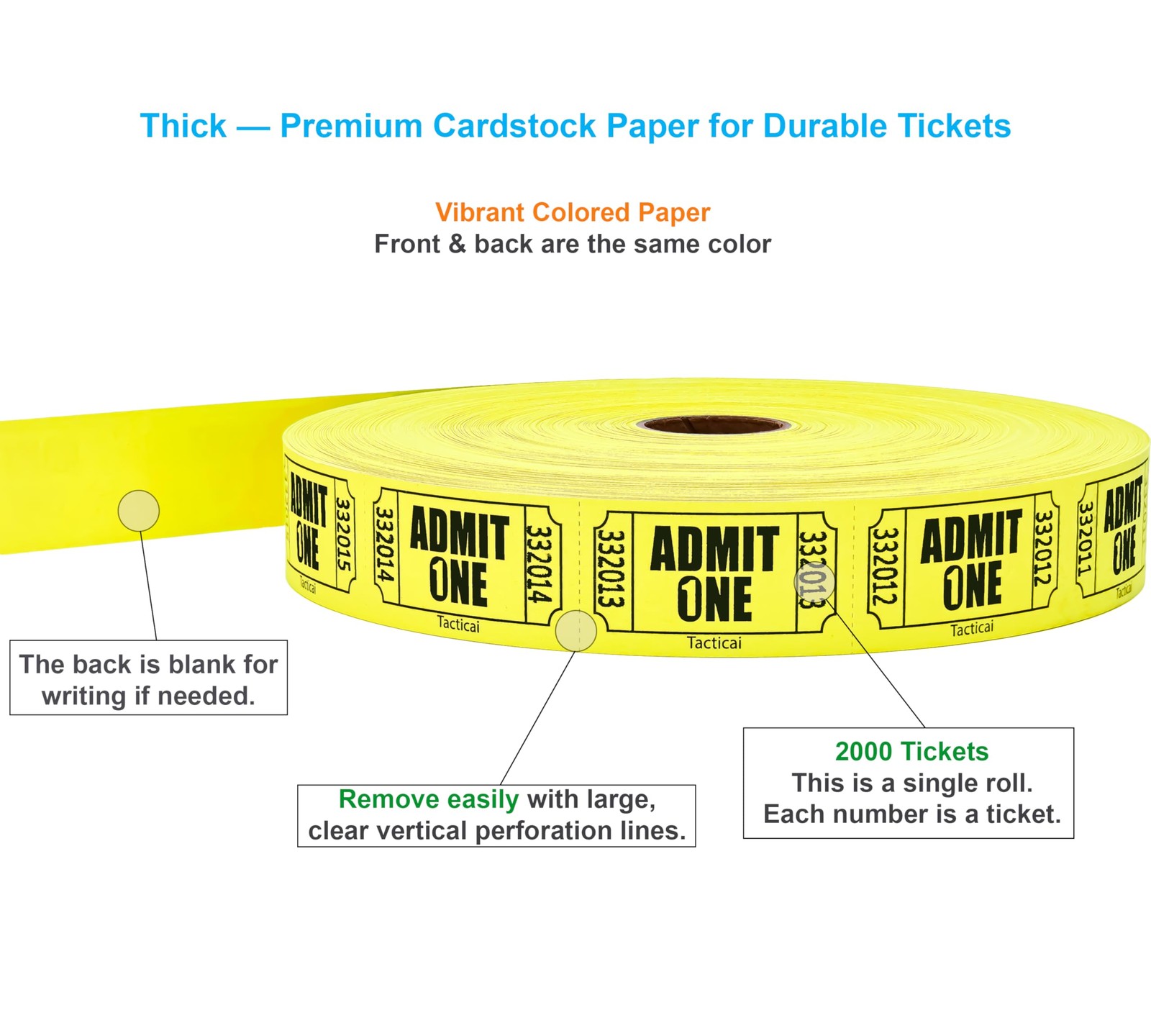 2000 Raffle Tickets, Admit One, Single Roll, Ticket for Events, Entry, Class ...