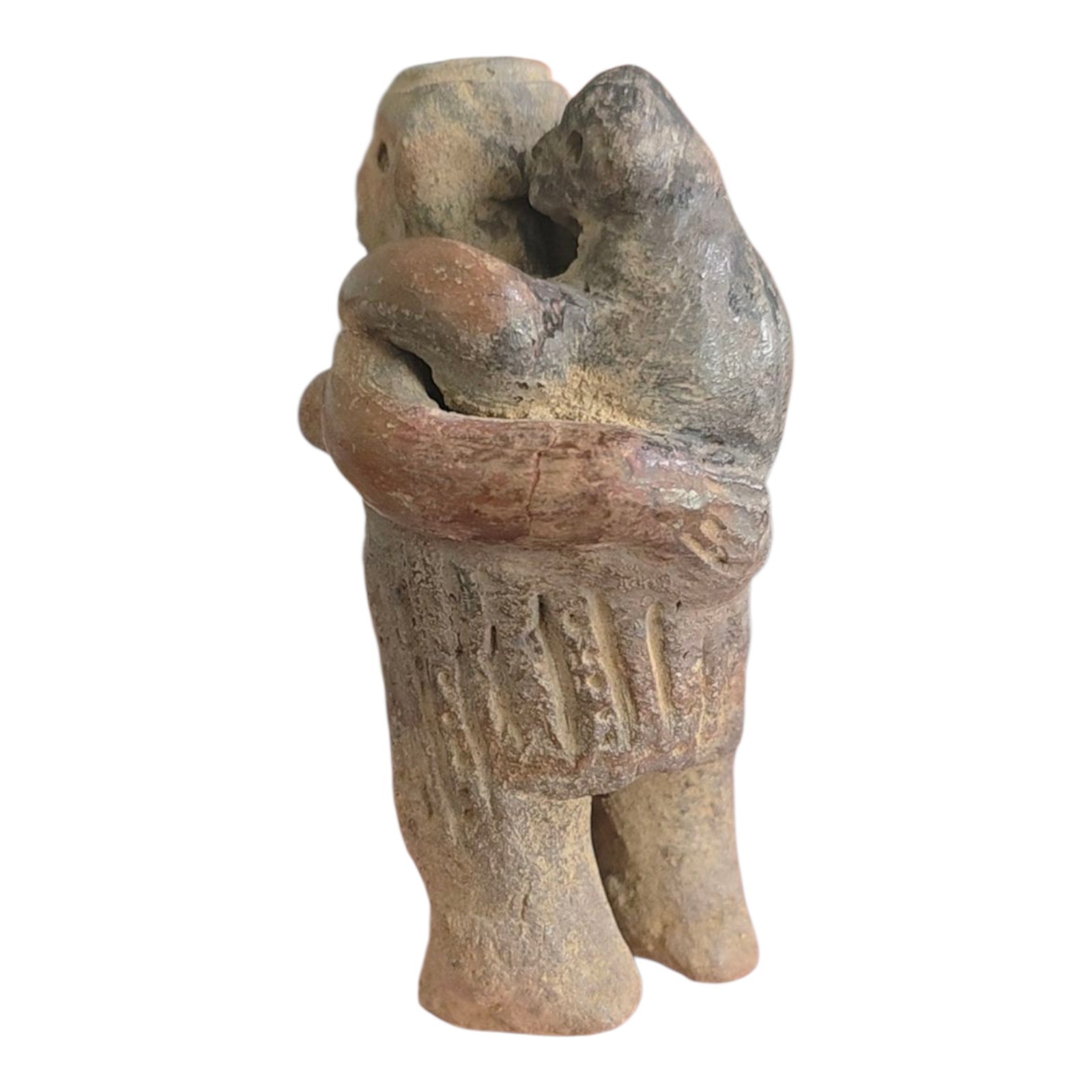 Ancient Pre-Columbian Human Effigy Carved Stone Artifact Mother With Child