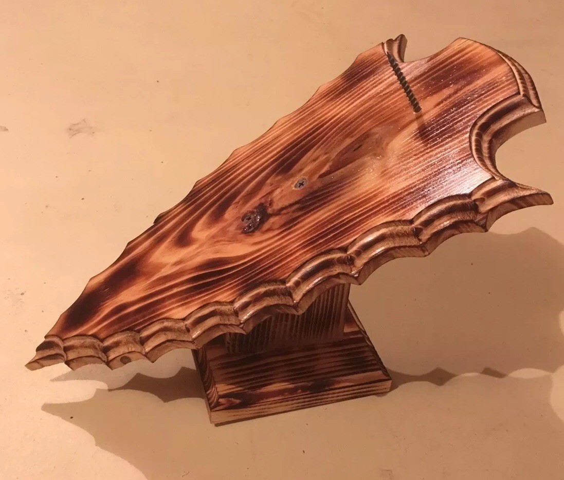 European Deer Skull Mount Wall / Table Pedestal Plaque Burned Pine Arrowhead