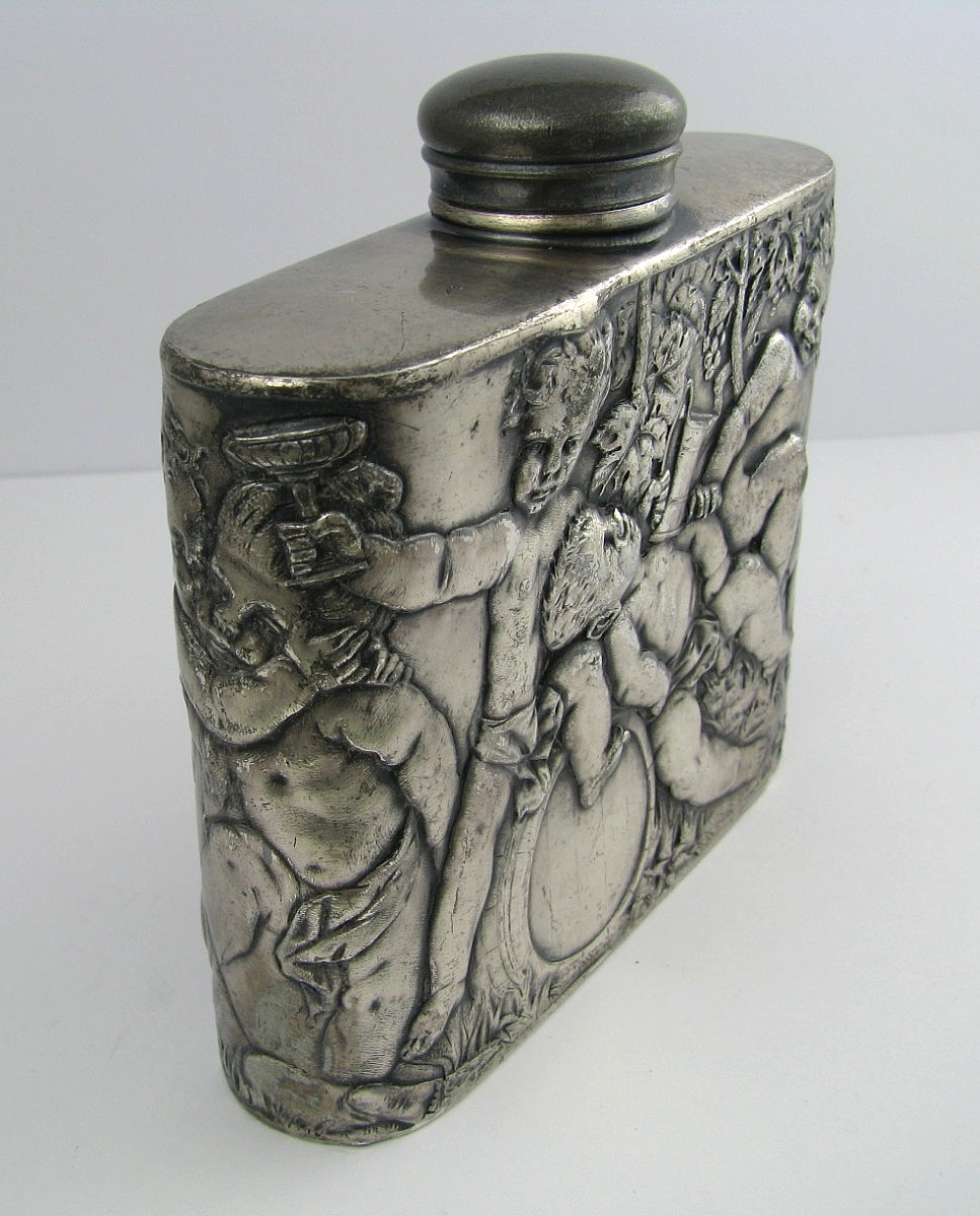 ANTIQUE SILVER PLATED FLASK LIQUOR FLASK Tipsy Cherubs Angels 1870s No Mono Rare