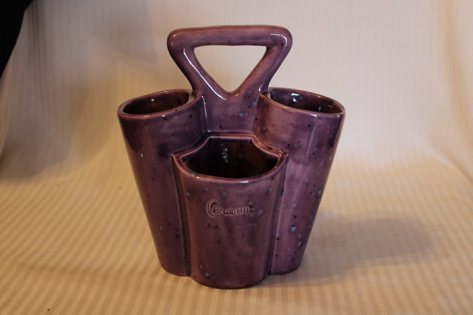 Vintage Splatter Purple Paint Ceramic Pen Artists Brush Holder Caddy 4 hole