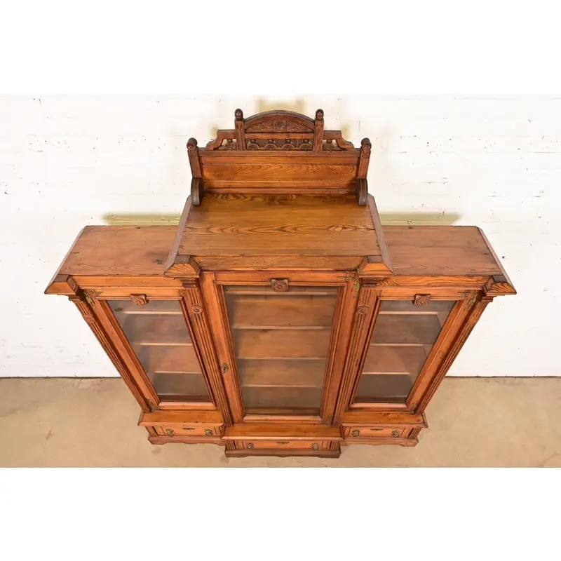 Herter Brothers Style Antique Victorian Carved Oak Bookcase Cabinet, Circa 1880s